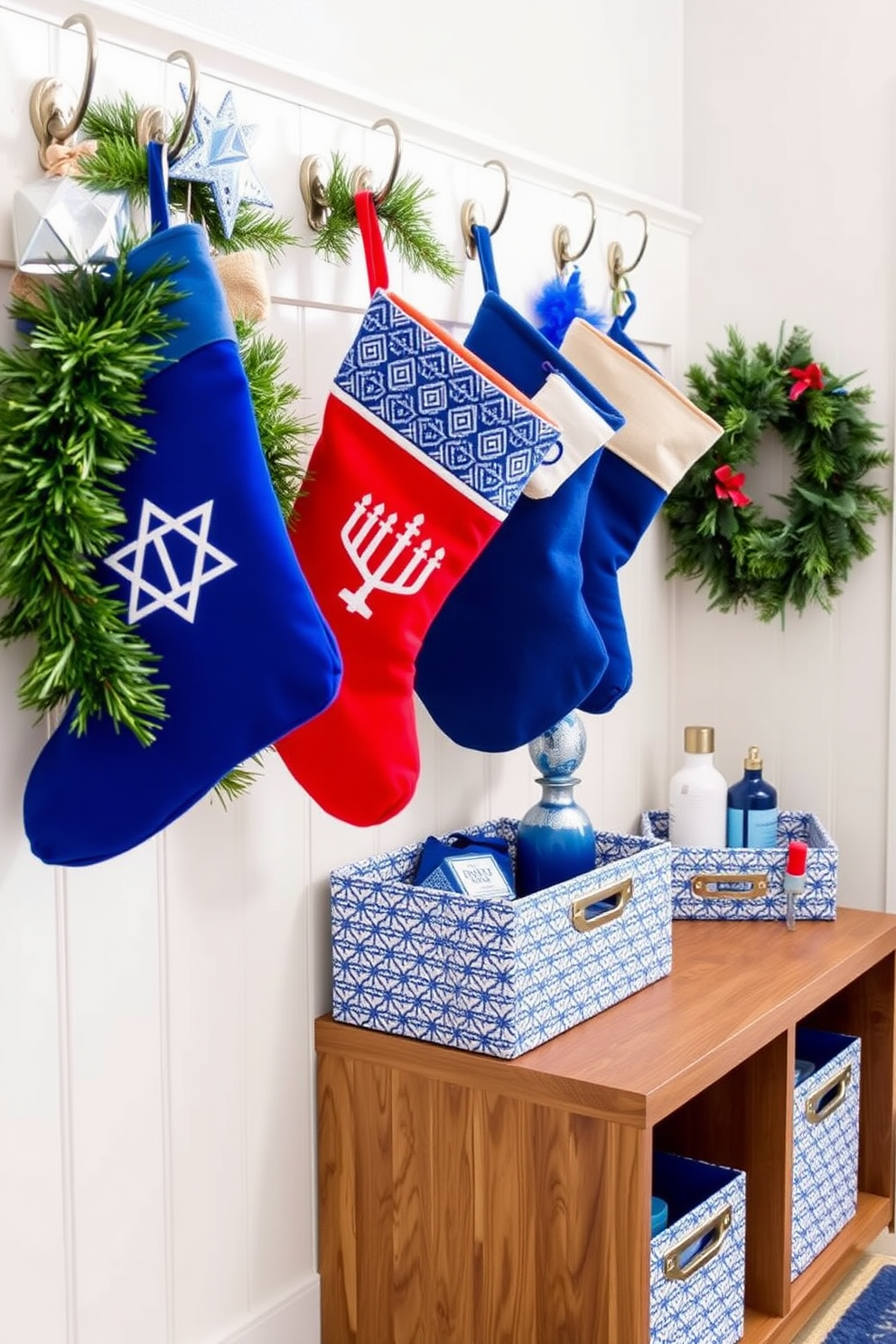 Hanging stockings adorned with Hanukkah motifs creates a festive and welcoming atmosphere. The vibrant colors and traditional symbols bring the spirit of the holiday into your home. Incorporate a mudroom decorated for Hanukkah with blue and silver accents. Use decorative storage bins to hold winter gear while displaying menorahs and dreidels for a seasonal touch.