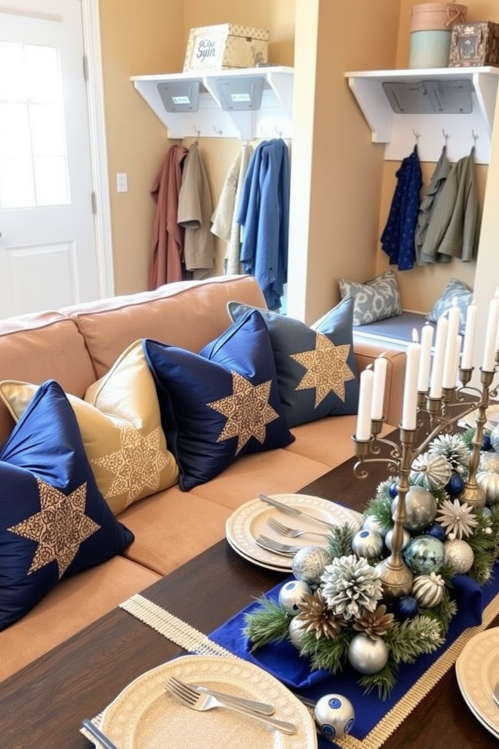 Decorative throw pillows featuring star patterns are arranged on a plush sofa in a cozy living room. The pillows are in various shades of blue and gold, adding a touch of elegance and comfort to the space. The mudroom is designed with functional storage solutions and a warm color palette. Hooks for coats and a bench for seating create an inviting entryway, perfect for organizing shoes and outdoor gear. For Hanukkah decorating ideas, a beautifully set table showcases a blue and silver theme. Menorahs and decorative dreidels are artfully placed among festive centerpieces, creating a warm and welcoming atmosphere for gatherings.