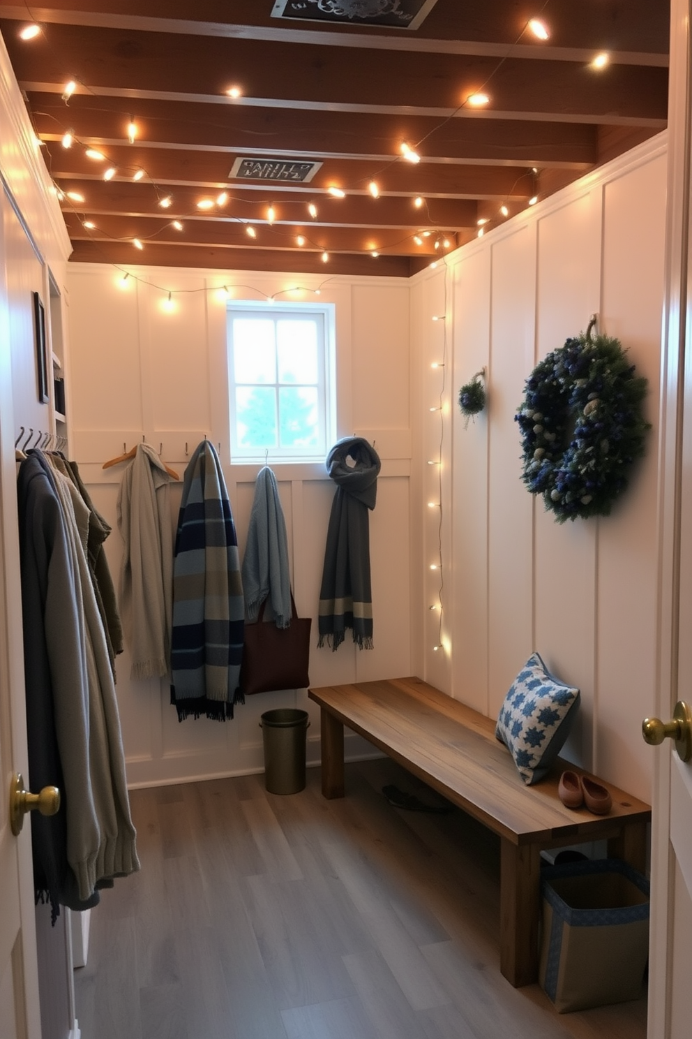 A cozy mudroom adorned with warm lighting created by string lights draped along the ceiling. The space features a rustic bench with hooks above for hanging coats and scarves, complemented by festive Hanukkah decorations in shades of blue and silver.