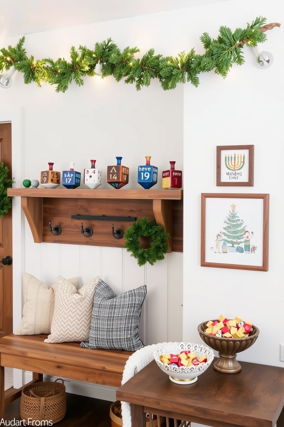 Artisan ceramic dreidels are beautifully arranged on a rustic wooden shelf, showcasing their vibrant colors and intricate designs. The mudroom features a cozy bench with plush cushions, and festive garlands made of evergreen branches and twinkling lights drape above the entryway. Hanukkah-themed artwork adorns the walls, celebrating the holiday's traditions with warmth and charm. A decorative bowl filled with additional dreidels and gelt sits on a side table, inviting guests to partake in the festive spirit.