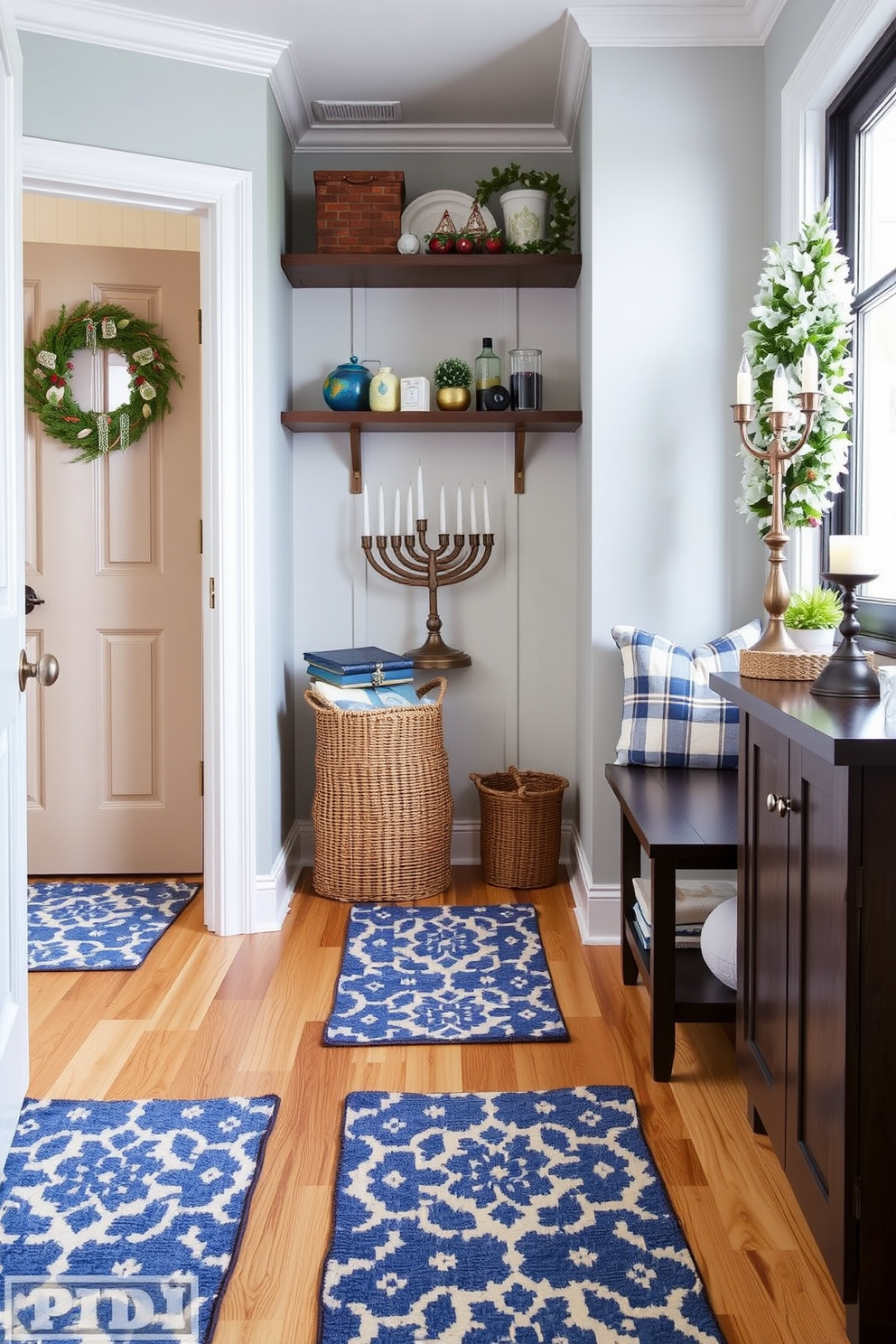 A cozy mudroom featuring blue and white patterned rugs that add a touch of warmth and style. The space is adorned with festive Hanukkah decorations, including a beautifully arranged menorah and decorative dreidels on a shelf.