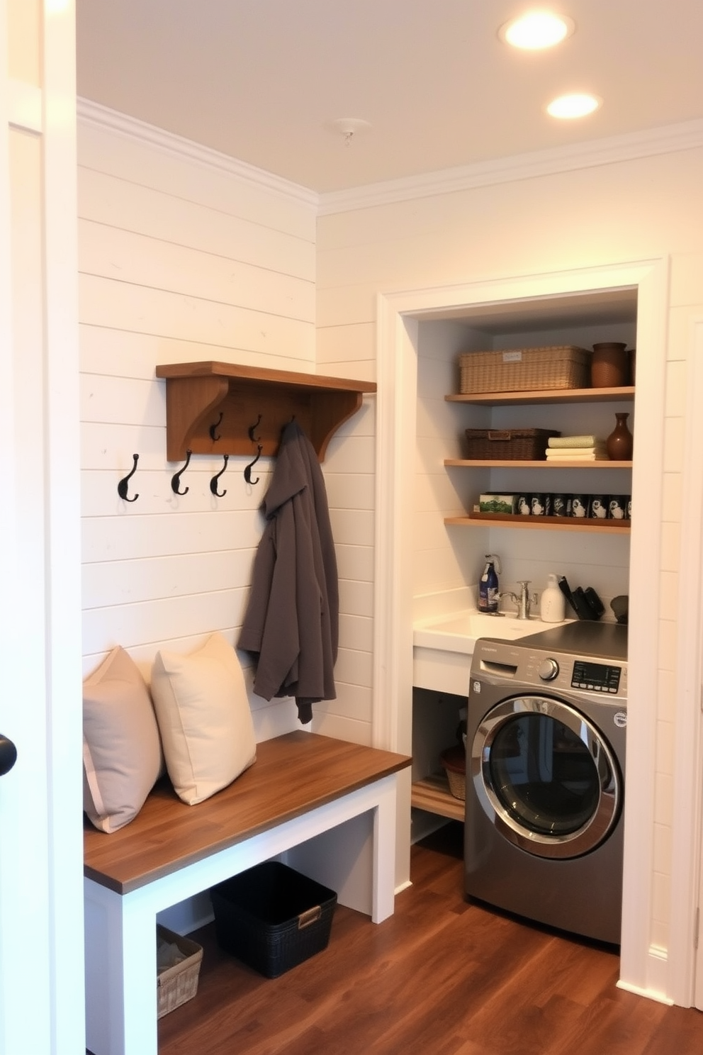 Cozy farmhouse style with shiplap walls creates a warm and inviting atmosphere. The mudroom features a built-in bench with soft cushions, hooks for hanging coats, and a rustic wooden shelf above. The laundry room is designed for functionality and charm. It includes a farmhouse sink, open shelving for storage, and a vintage-style washing machine that complements the overall aesthetic.