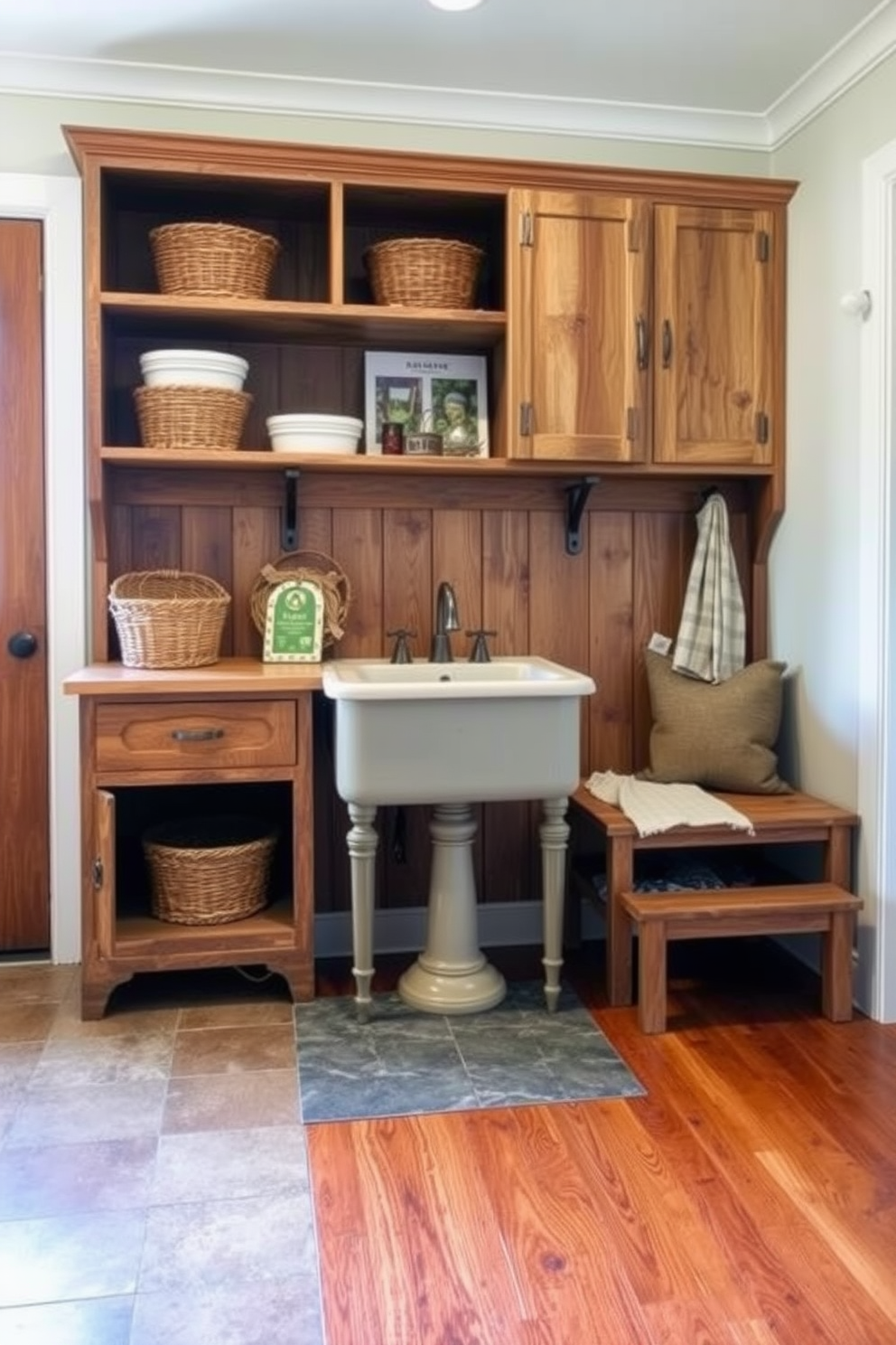 A vintage-inspired laundry sink with a classic faucet is the centerpiece of the room. Surrounding the sink are rustic wooden cabinets and open shelving for storage and display. The mudroom features a combination of tile and hardwood flooring for durability and style. Soft lighting highlights the charming decor, including woven baskets and a cozy bench for seating.