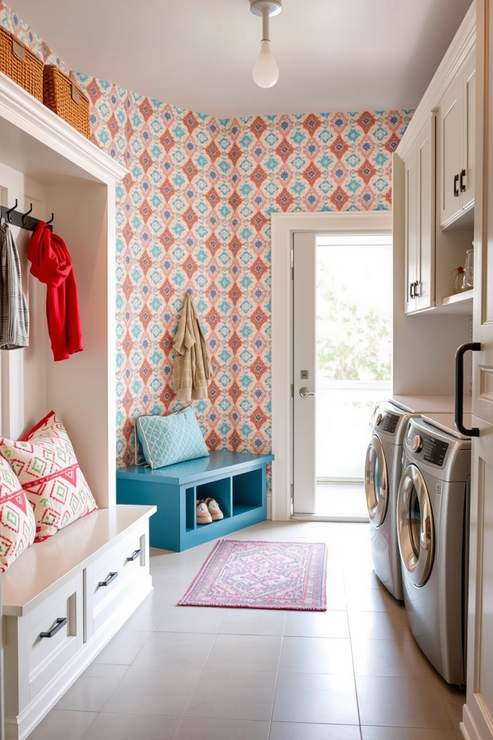 Chic wallpaper featuring vibrant geometric patterns adorns the walls, adding a playful touch to the space. The flooring is a durable tile that complements the lively design, creating an inviting atmosphere. The mudroom is designed with built-in benches and hooks for easy organization, featuring a color palette of soft blues and whites. A decorative rug adds warmth and character, making the space both functional and stylish. The laundry room showcases sleek cabinetry with ample storage, paired with a modern washer and dryer. A large window allows natural light to flood the room, enhancing the cheerful ambiance.