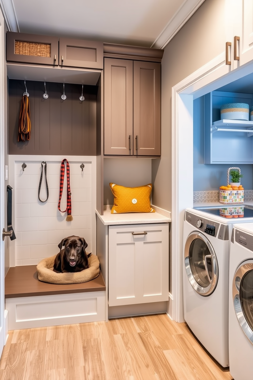 A functional mudroom features an integrated pet station with a stylish feeding area and storage for pet supplies. The space includes built-in cabinetry, hooks for leashes, and a cozy nook for a pet bed. The laundry room is designed with sleek cabinetry and ample counter space for folding clothes. A utility sink is incorporated for convenience, and the room is accented with cheerful colors and decorative elements.