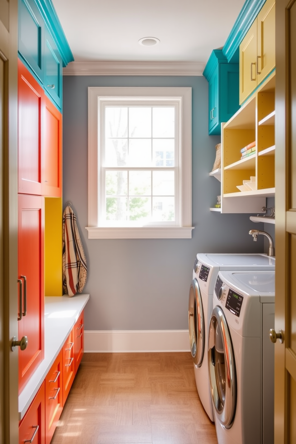 Brightly colored cabinetry sets a cheerful tone in the mudroom, creating a welcoming and vibrant atmosphere. The space features built-in storage with playful hues, complemented by a spacious bench for convenience. The laundry room is designed with functionality in mind, showcasing a combination of bright cabinetry and practical shelving. A large window allows natural light to flood the area, enhancing the cheerful ambiance.