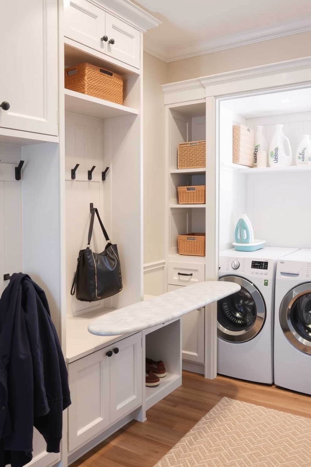 A functional mudroom features a built-in ironing board seamlessly integrated into the cabinetry for convenience. The space includes ample storage with hooks for coats and a bench for easy seating while removing shoes. The laundry room design showcases a stylish layout with a built-in ironing board for added functionality. Soft, neutral colors create a calming atmosphere, complemented by organized shelves for laundry essentials.