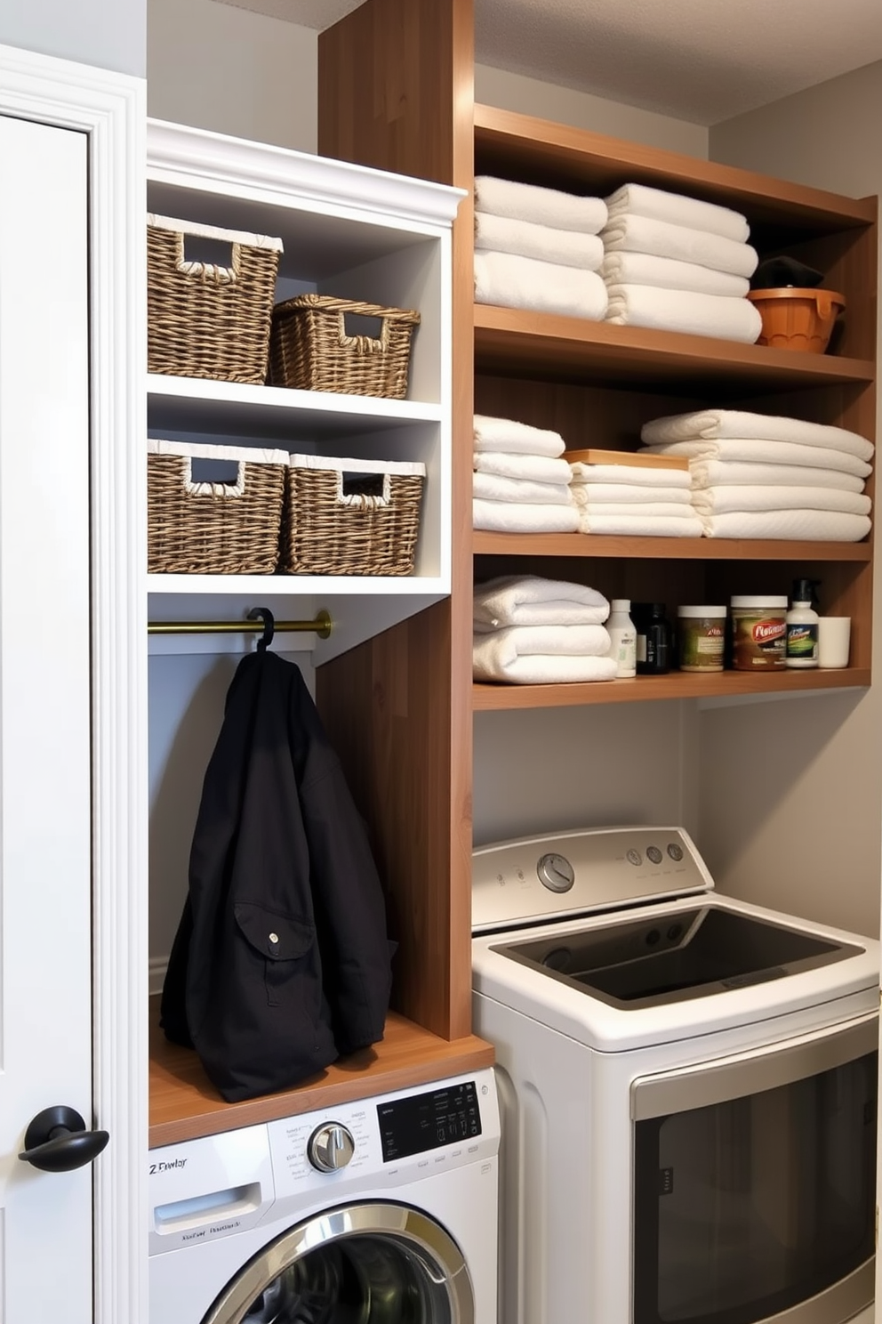 A functional mudroom design features open shelving for easy access storage. The shelves are neatly organized with baskets and bins, providing a stylish yet practical solution for shoes and outdoor gear. The laundry room incorporates open shelving to keep essentials within reach. Above the washer and dryer, the shelves display neatly folded towels and laundry supplies, enhancing both organization and aesthetics.