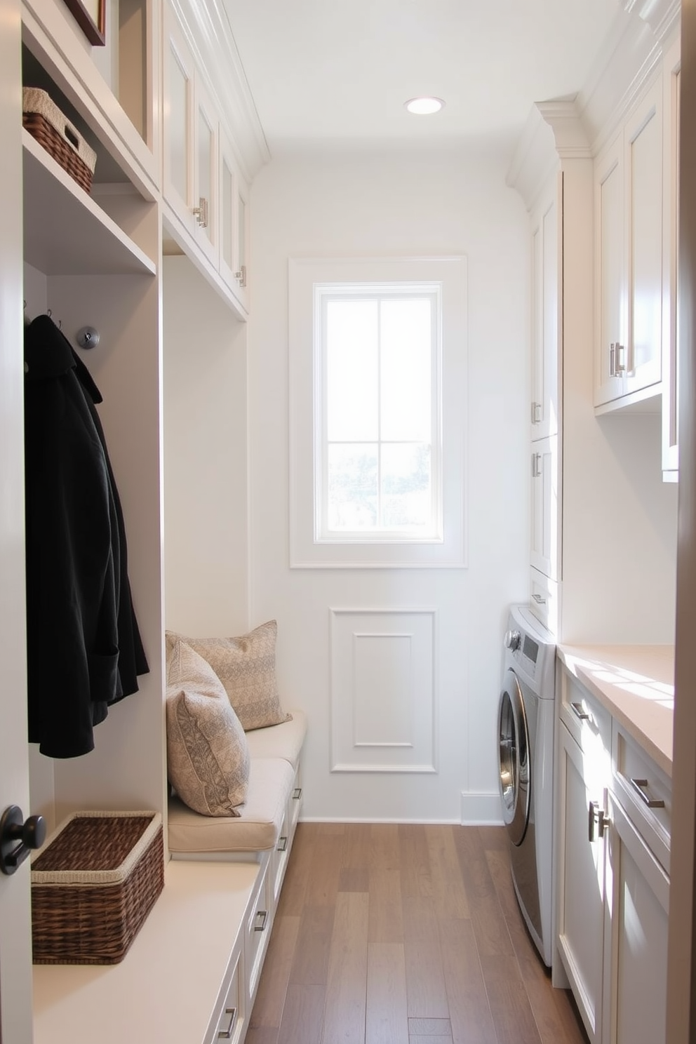 Bright white cabinetry with open shelving creates a clean and airy feel in the mudroom. The space features a built-in bench with plush cushions and hooks for hanging coats, while decorative baskets provide stylish storage solutions. In the laundry room, the bright cabinetry continues, complemented by a sleek countertop for folding clothes. Natural light floods the area through a large window, enhancing the inviting atmosphere and making laundry chores more enjoyable.