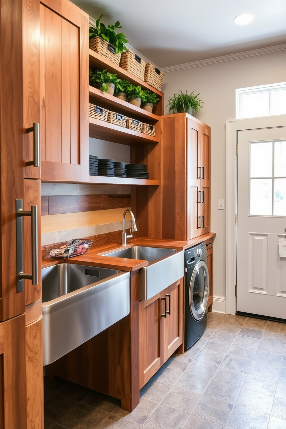 A stylish mudroom laundry room features a combination of reclaimed wood cabinetry and sleek metal hardware. The space is designed with a durable tile floor that complements the warm wood tones while providing easy maintenance. A large farmhouse sink made of stainless steel is positioned beside a wooden countertop, creating a functional workspace. Shelves above the counter display neatly organized baskets and potted plants, adding a touch of greenery to the room.