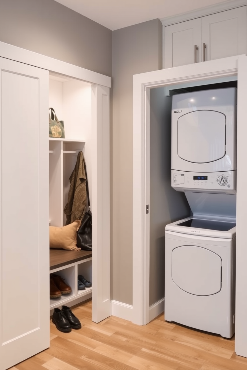 A contemporary mudroom featuring space-saving pocket doors that seamlessly blend into the wall. The room is designed with built-in shelving for shoes and bags, while a bench provides a comfortable seating area for putting on shoes. Adjacent to the mudroom, the laundry area is equipped with a stacked washer and dryer to maximize space. The design includes a countertop for folding clothes and cabinets above for additional storage, all in a cohesive color palette that enhances the overall aesthetic.