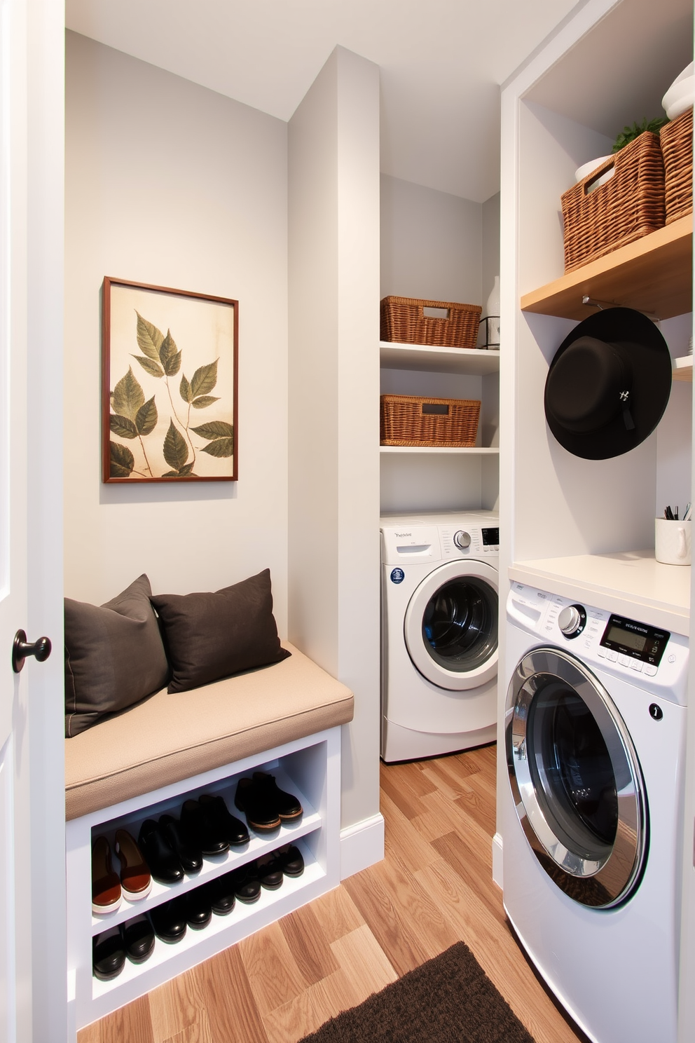 A functional shoe storage area is integrated beneath a sleek bench in the mudroom. The bench is upholstered in a durable fabric, and the walls are painted in a light gray tone, creating a welcoming atmosphere. Adjacent to the shoe storage, a laundry area features stacked appliances with a countertop for folding clothes. Open shelving above the appliances displays neatly organized baskets and decorative items, enhancing the overall design.