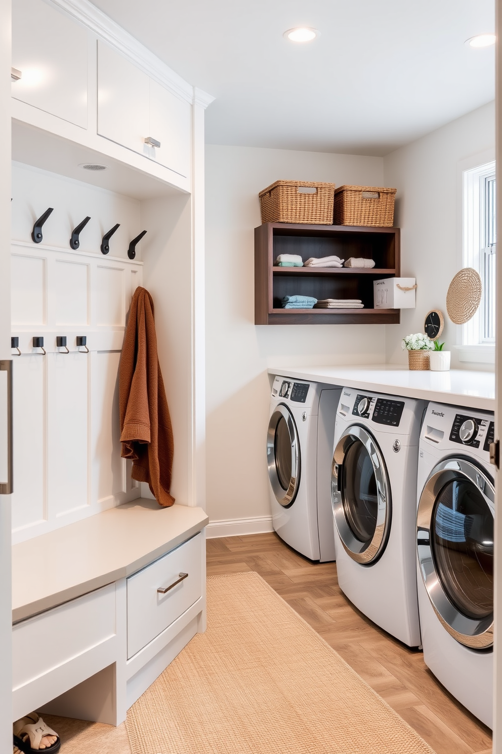 A sleek mudroom features modern appliances with smart technology seamlessly integrated into the design. The space includes a stylish bench with built-in storage, and the walls are adorned with functional hooks and shelves for organization. In the laundry room, contemporary washers and dryers are positioned next to a spacious countertop for folding clothes. The room is illuminated by natural light from a nearby window, and decorative baskets are neatly arranged for a clean and tidy appearance.