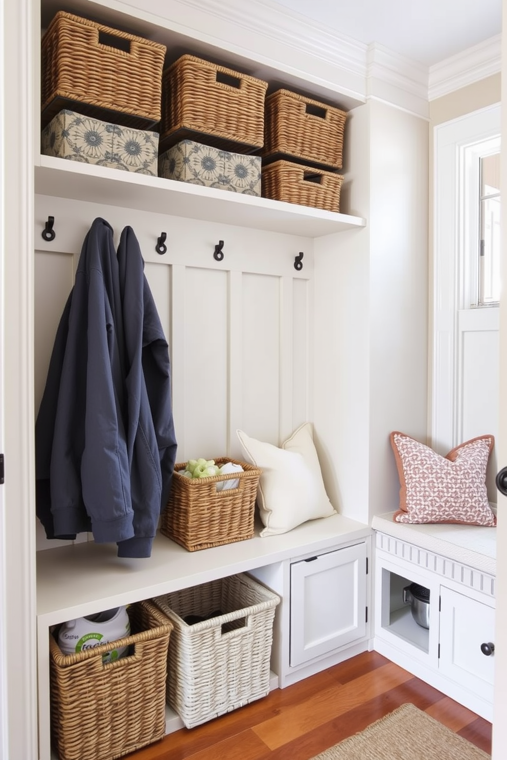 A cozy mudroom with decorative baskets for laundry essentials. The space features built-in shelving for storage and a bench with soft cushions, creating a welcoming atmosphere.