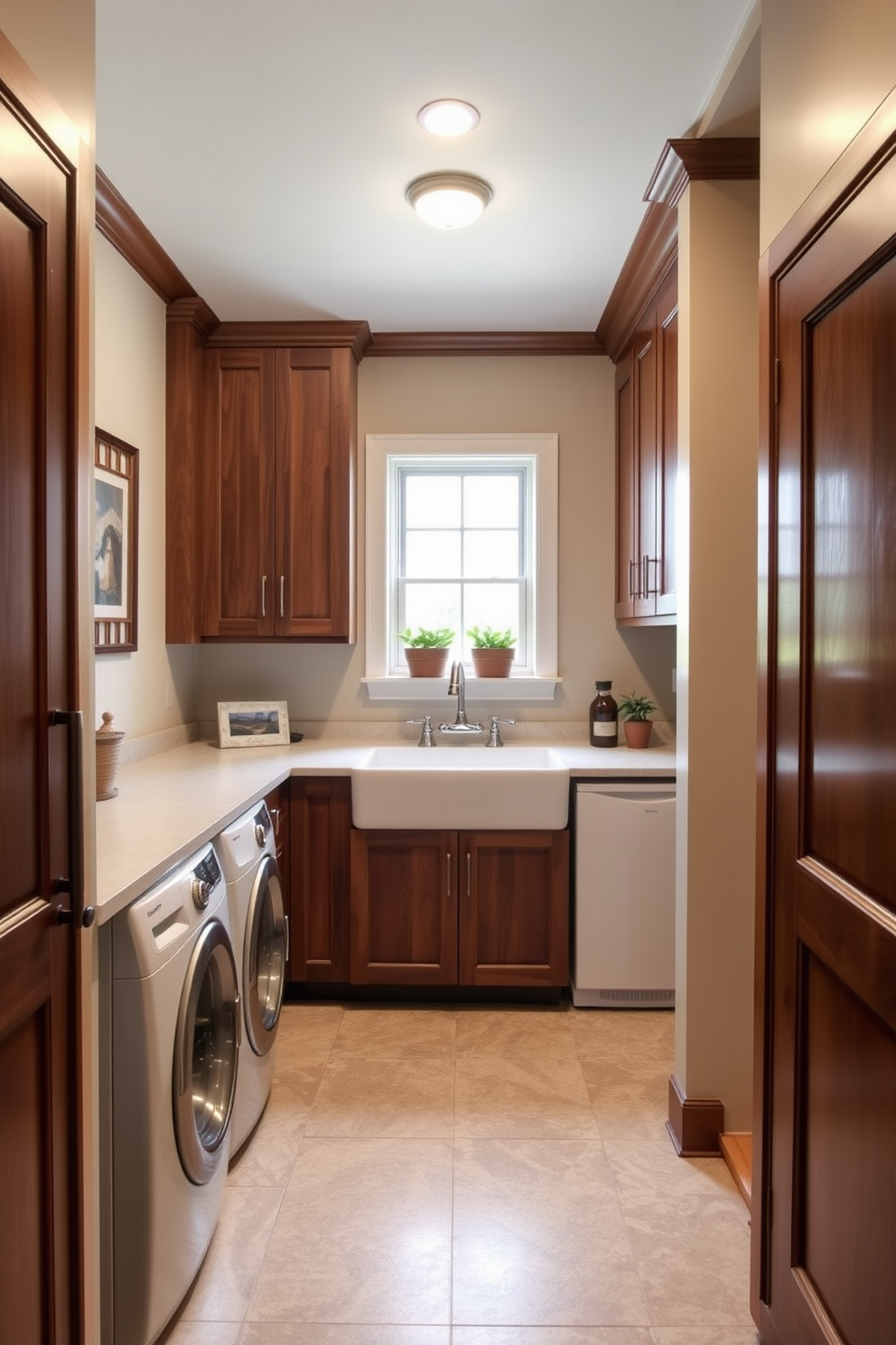 A warm and inviting mudroom features soft beige walls and rich wooden cabinetry that provides ample storage. The floor is adorned with a durable, patterned tile that complements the neutral tones, creating a cohesive look. Incorporated into the design is a spacious laundry area with a sleek washer and dryer tucked away behind custom cabinetry. A large farmhouse sink sits beneath a window, allowing natural light to brighten the space while potted plants add a touch of greenery.