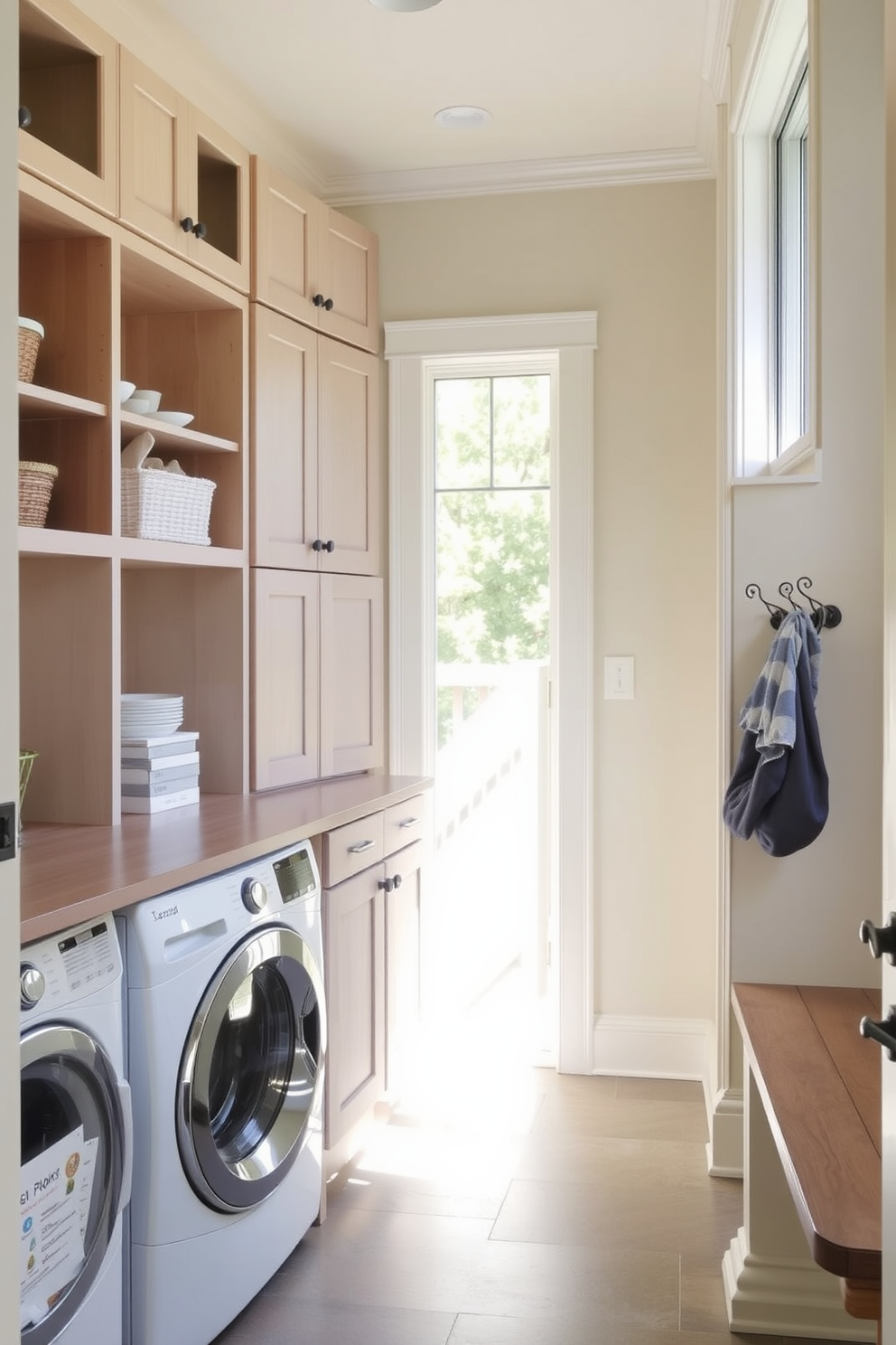 A functional dual washer dryer setup is seamlessly integrated into a spacious mudroom. The cabinetry features a combination of open shelving and closed storage, providing ample space for laundry essentials and everyday items. The walls are painted in a soft, inviting color, complementing the natural light that floods the room. A durable, easy-to-clean floor adds practicality, while decorative hooks and a bench create a welcoming atmosphere.