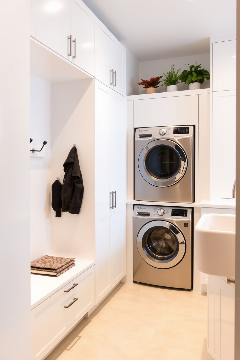 A minimalist mudroom features sleek, built-in cabinetry with a smooth, white finish. The space includes a bench with hidden storage beneath and a wall-mounted coat rack, creating an organized and clutter-free entryway. The laundry room showcases modern appliances seamlessly integrated into the cabinetry. A large, deep sink is positioned next to the washer and dryer, with a countertop above for folding clothes and a few decorative plants for a touch of warmth.