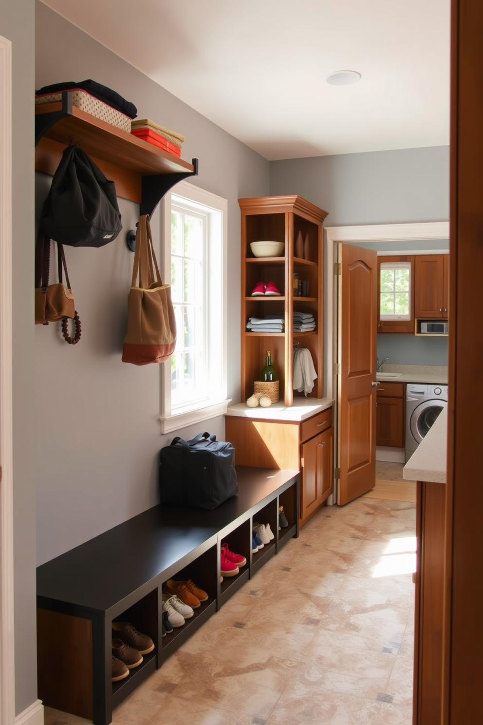 A functional drop zone features a series of sturdy hooks for hanging coats and bags, complemented by open shelves for storing shoes and accessories. The walls are painted in a soft gray, and a durable bench provides a convenient spot for putting on or taking off footwear. The mudroom is designed with built-in cabinetry that includes cubbies for organizing items, ensuring a clutter-free space. Natural light floods in through a window, highlighting the warm wood tones of the cabinetry and the stylish tile flooring. In the laundry room, a spacious countertop offers ample space for folding clothes, while a deep sink is perfect for hand-washing delicate items. The room is equipped with modern appliances, and the walls are adorned with cheerful, bright colors to create an inviting atmosphere.