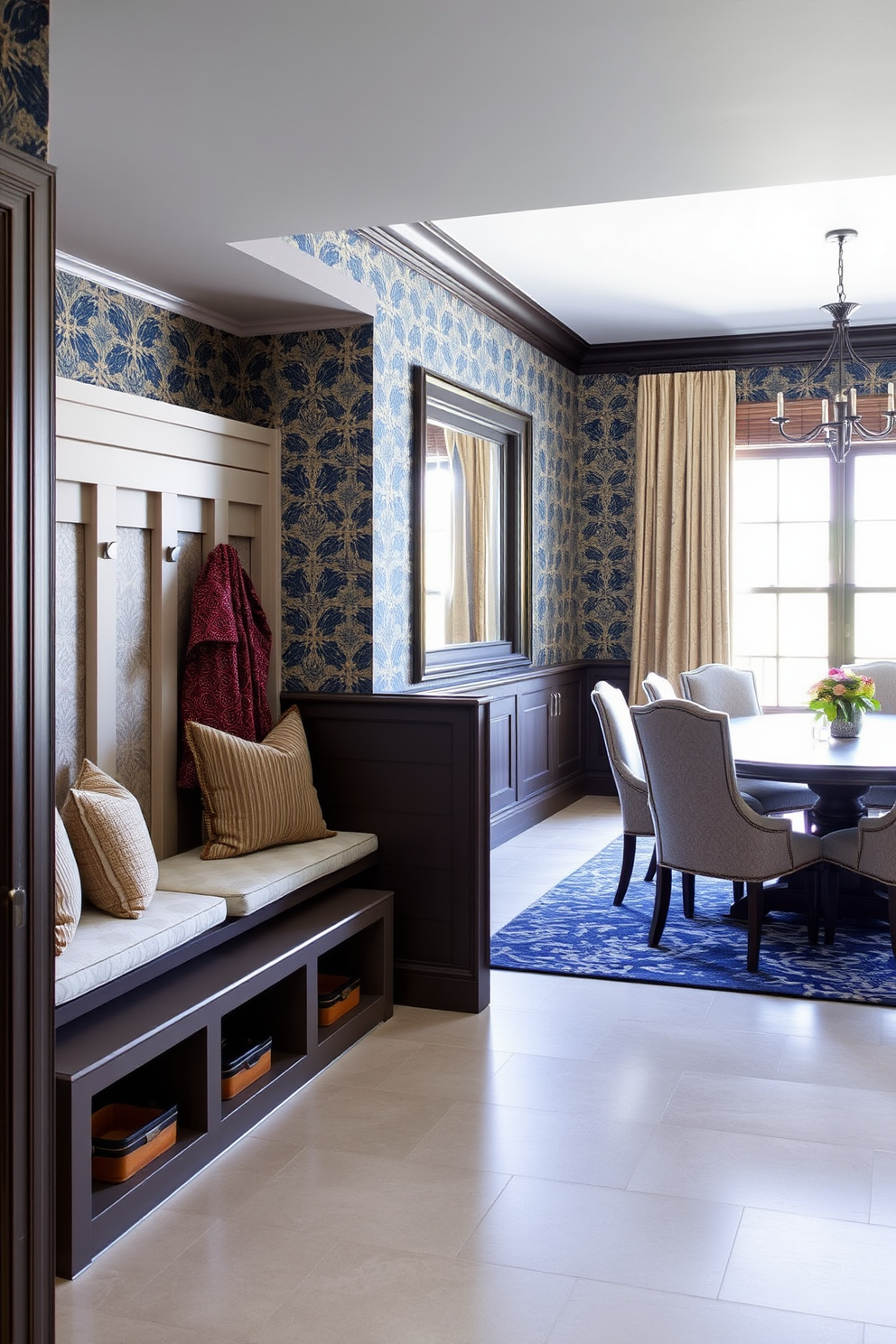 A stylish mudroom adjacent to the dining room features an accent wall adorned with vibrant patterned wallpaper. The space includes built-in benches with plush cushions and hooks for hanging coats and bags, creating an inviting entryway. The dining room showcases a seamless flow from the mudroom, with a large wooden table surrounded by elegant upholstered chairs. Natural light pours in through large windows, highlighting the rich textures and colors of the wallpaper and furnishings.