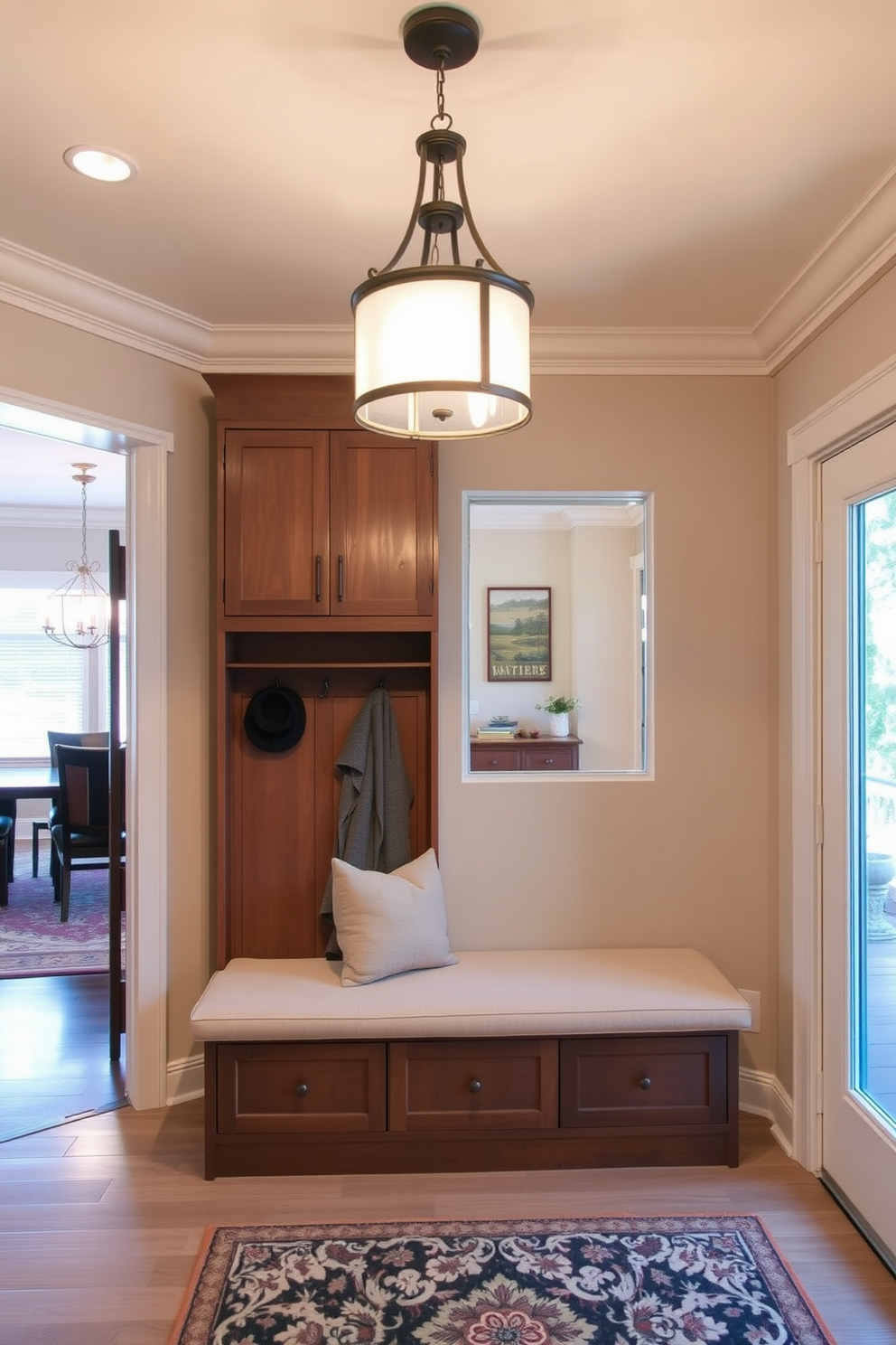 An elegant lighting fixture hangs from the ceiling, casting a warm glow over the mudroom area. The space features a built-in bench with plush cushions and hooks for coats, seamlessly connecting to the dining room. The walls are painted in a soft neutral tone, complementing the rich wood accents of the cabinetry. A decorative area rug adds texture, while a stylish pendant light enhances the overall ambiance of the room.