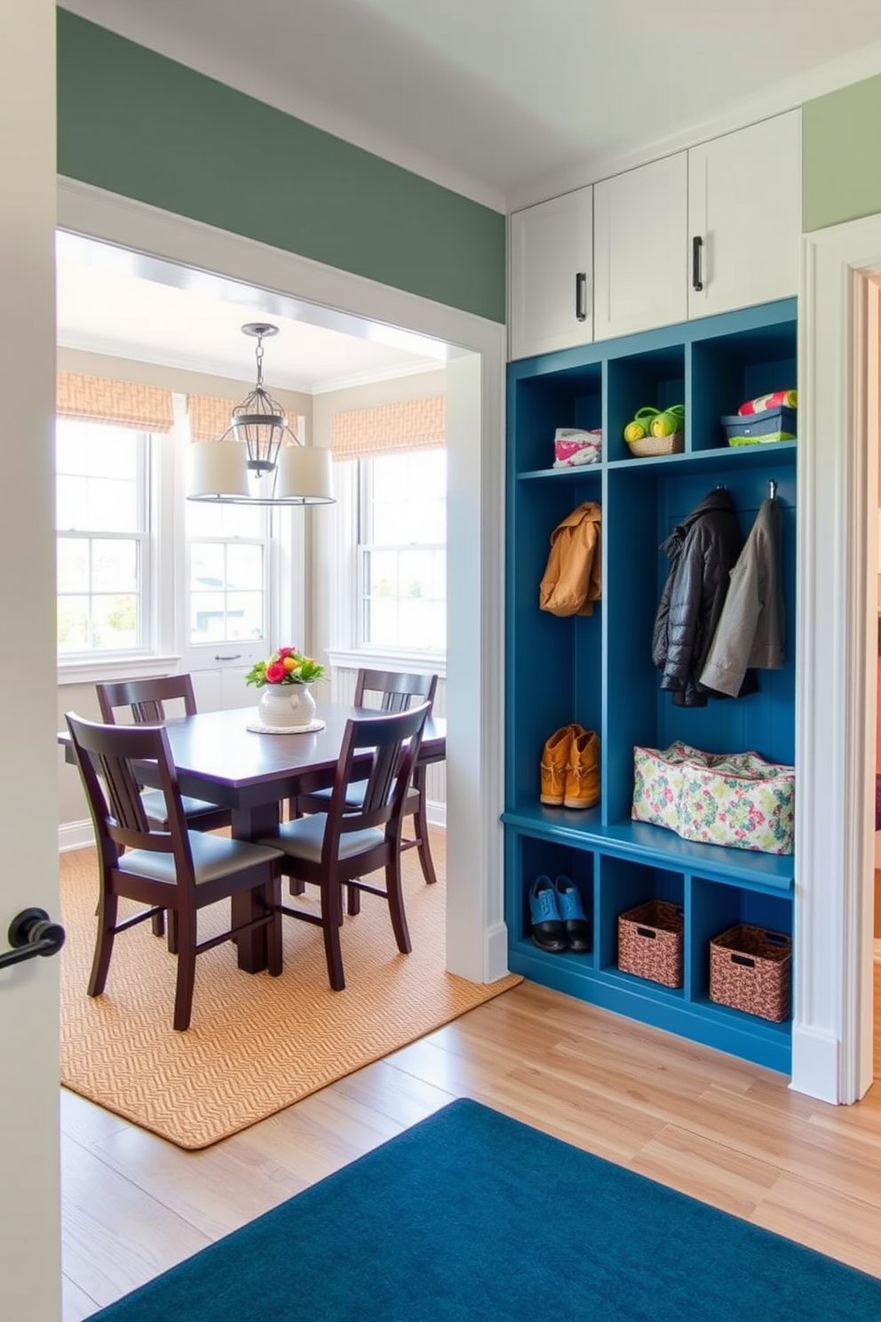 A functional mudroom design features cubbies for each family member's belongings providing organized storage. The space is brightened with natural light from a nearby window and accented with a cheerful color palette that complements the adjacent dining room.