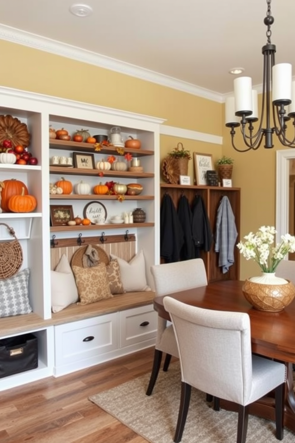 A seasonal decor display on shelves featuring an assortment of autumn-themed items. The shelves are adorned with small pumpkins, colorful leaves, and cozy candles, creating a warm and inviting atmosphere. The mudroom is designed with built-in storage benches and hooks for coats and bags. It features a combination of durable flooring and cheerful wall colors to provide a functional yet welcoming entryway. The dining room showcases a blend of modern and traditional design elements. A large wooden table is surrounded by stylish upholstered chairs, with a statement chandelier hanging above to enhance the elegant ambiance.