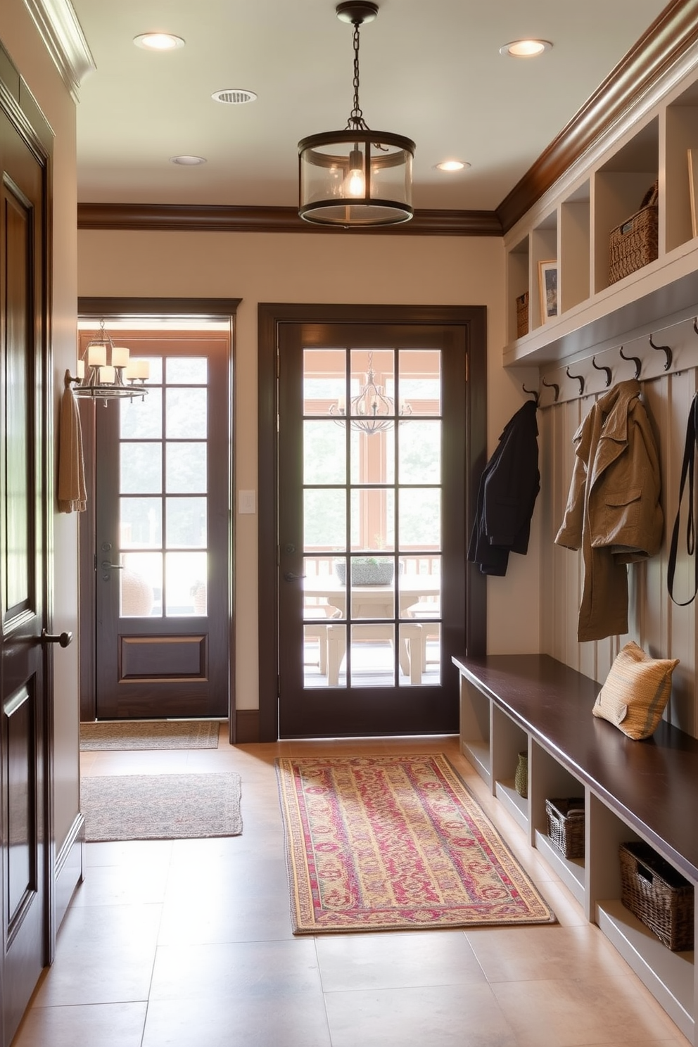 A welcoming mudroom adjacent to the dining room features a glass panel door that allows natural light to flood the space. The room is designed with built-in storage benches and hooks for coats, creating a functional yet stylish entryway.