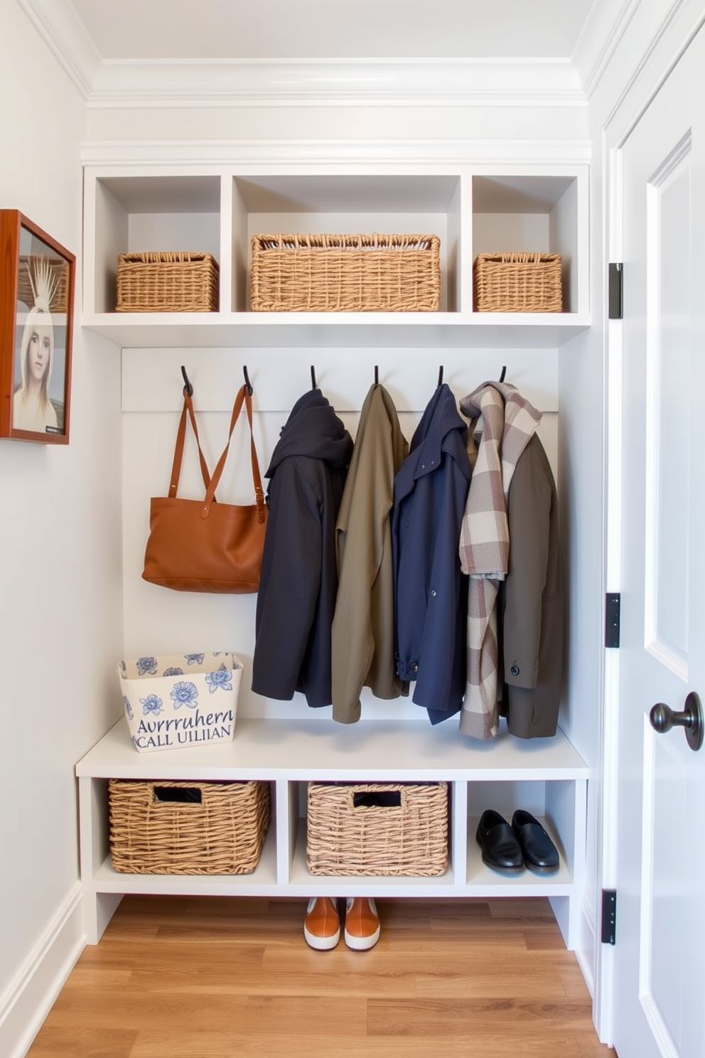 A functional mudroom design located near the dining room features open shelving for easy access to everyday items. The space is bright and airy, with hooks for coats and baskets for shoes, creating an organized and welcoming entrance.