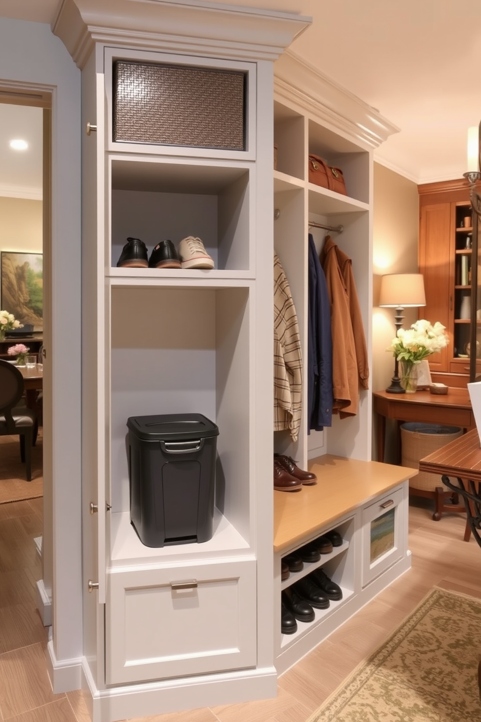 A functional mudroom design located conveniently near the dining room. The space features a hidden trash bin integrated into a stylish cabinet, ensuring easy access while maintaining a clean aesthetic. The mudroom includes built-in storage for shoes and coats, with a comfortable bench for seating. Soft lighting highlights the organized layout, creating an inviting transition from the dining area to the outdoors.