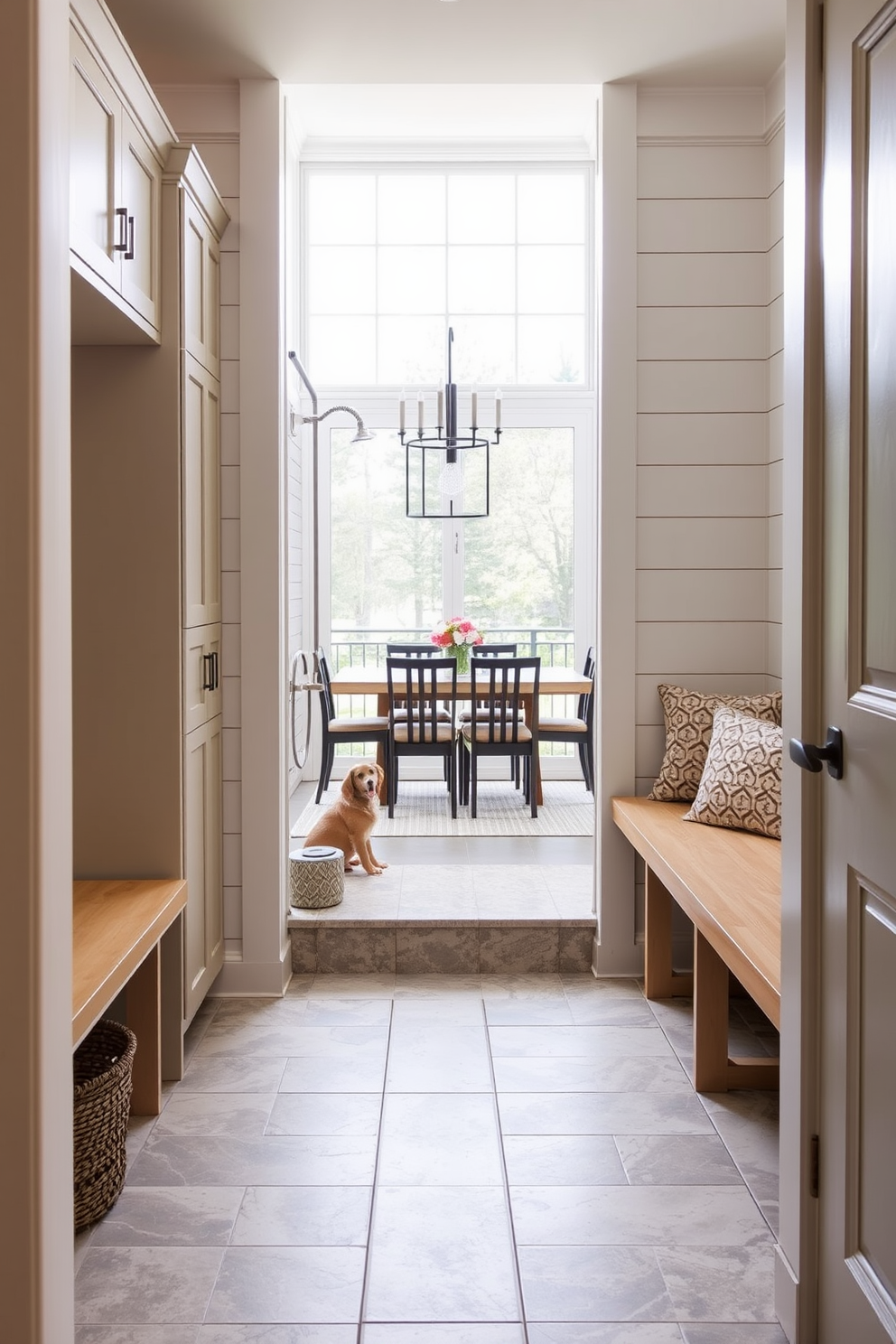 A functional mudroom features a dedicated pet washing station with a built-in shower and a removable handheld sprayer. The walls are lined with shiplap, and the floor is covered with durable ceramic tiles that can withstand moisture and dirt. Adjacent to the dining room, the mudroom includes custom cabinetry for storage and a bench with plush cushions. Natural light floods the space through a large window, creating an inviting atmosphere for both pets and family.