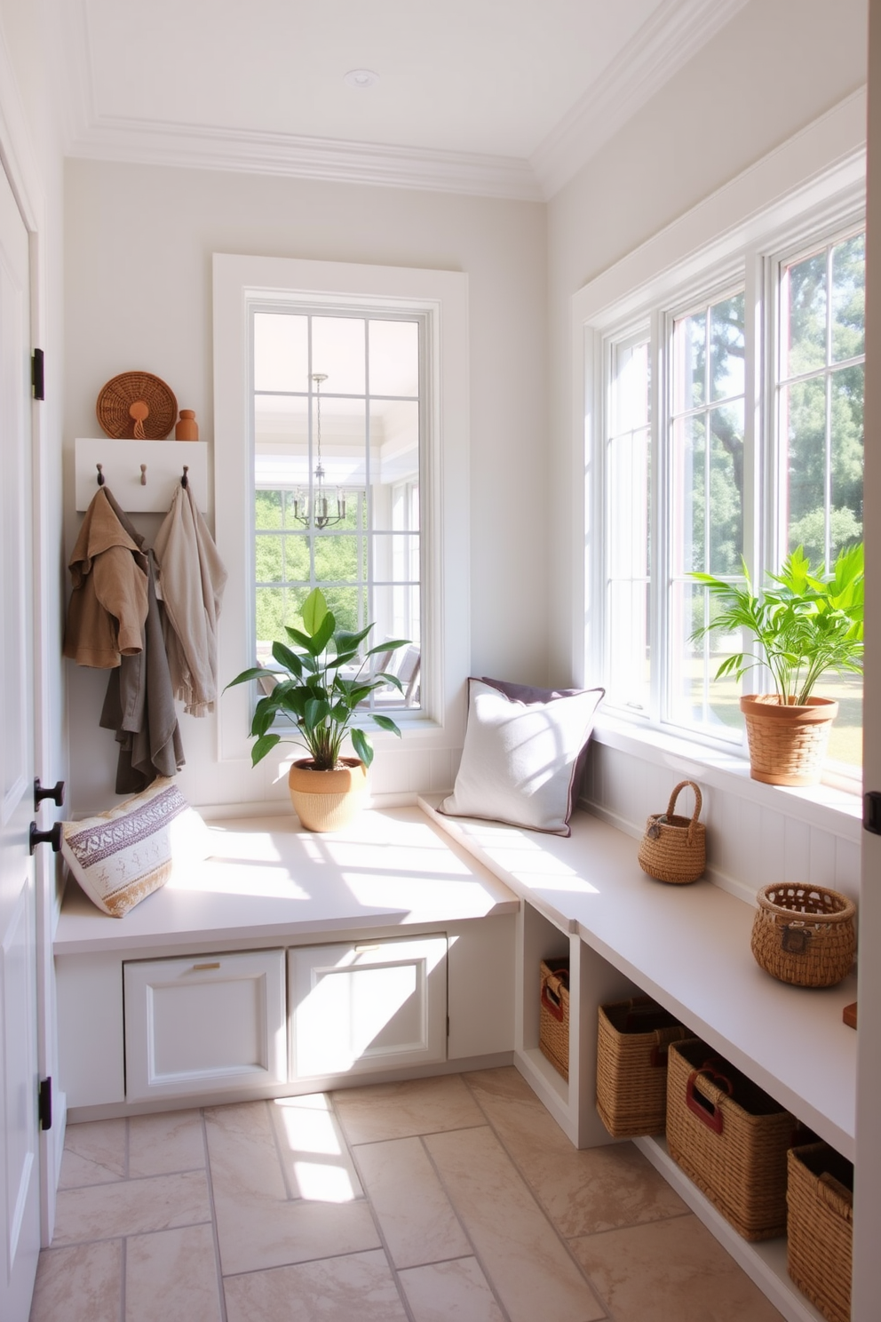 A bright and airy mudroom located near the dining room features a built-in bench with soft cushions and ample storage for shoes and coats. Large windows allow natural light to flood the space, while potted plants add a fresh and inviting touch to the decor. The walls are painted in a light neutral tone, complemented by a durable tile floor that can withstand heavy foot traffic. Accents of natural wood and woven baskets enhance the cozy atmosphere, making it a seamless transition from the outdoors to the dining area.