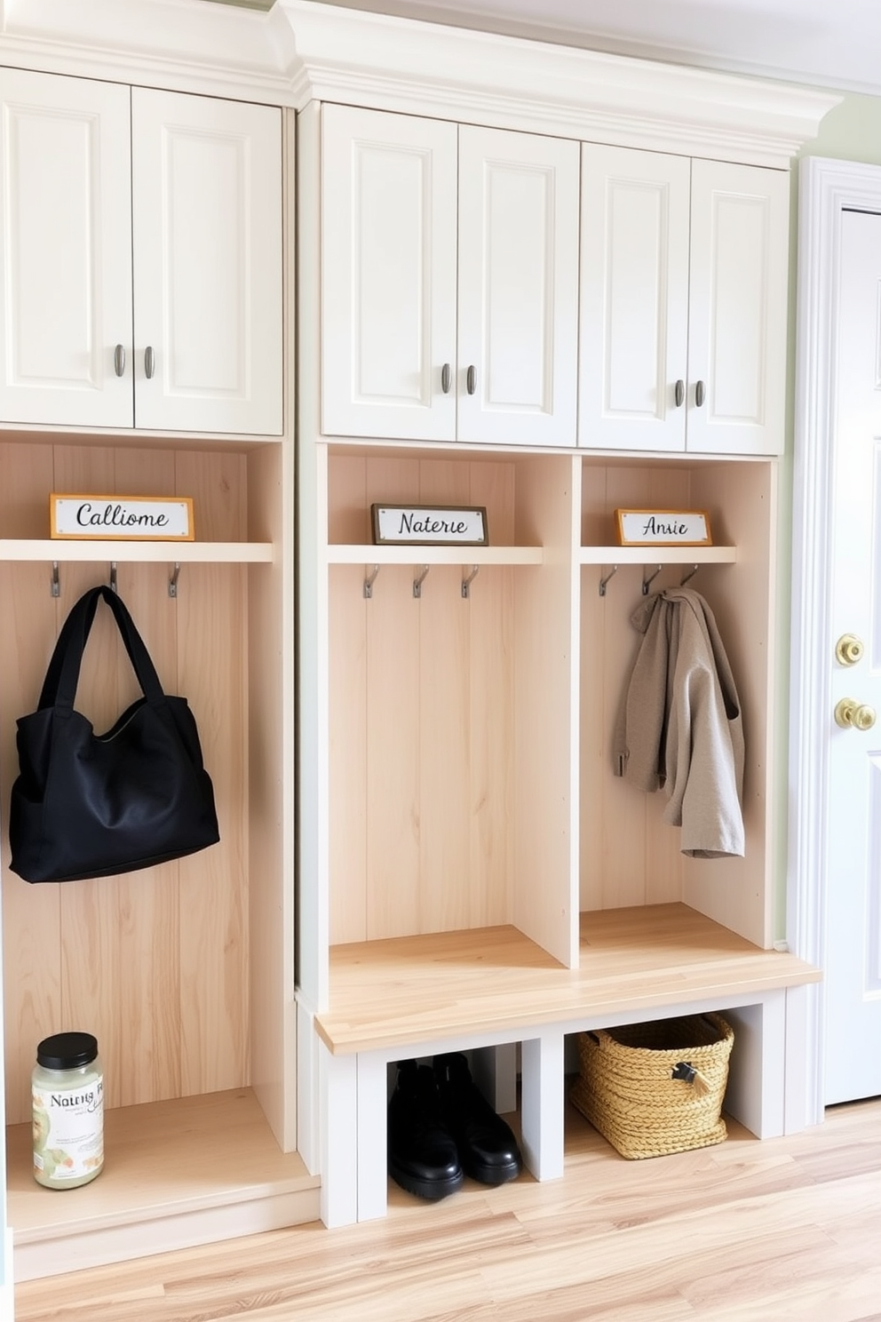 A stylish mudroom design features personalized name tags on cubbies for each family member. The cubbies are crafted from natural wood and are painted in soft pastel colors, creating a welcoming and organized space near the dining room.