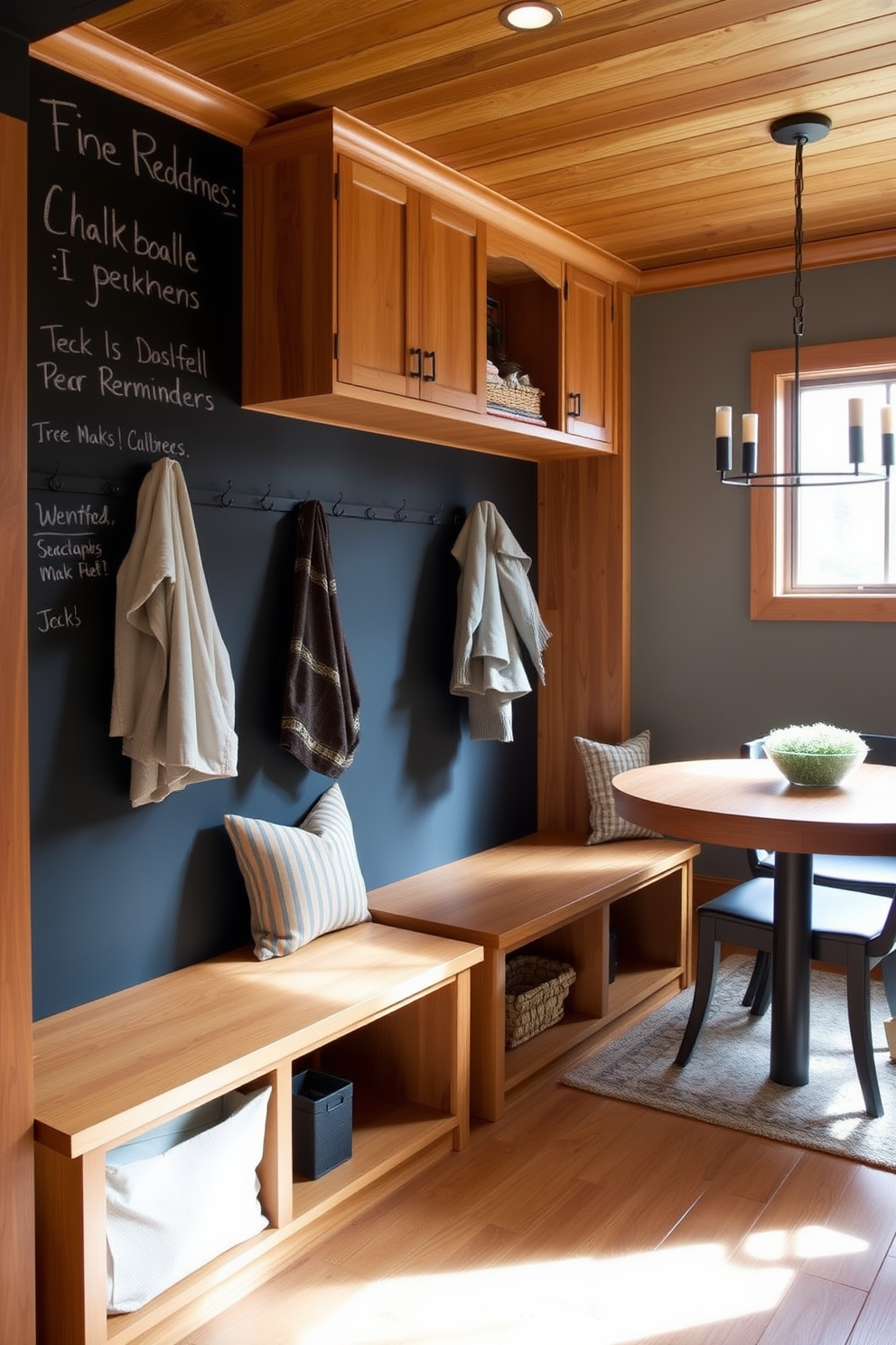 A functional mudroom features a chalkboard wall that allows for notes and reminders while adding a playful touch to the space. The area includes built-in benches with storage underneath, and hooks for coats and bags line the wall. Adjacent to the dining room, the mudroom is designed with an open layout that promotes a seamless transition between spaces. Natural light floods in through a nearby window, enhancing the warm tones of the wooden cabinetry and flooring.