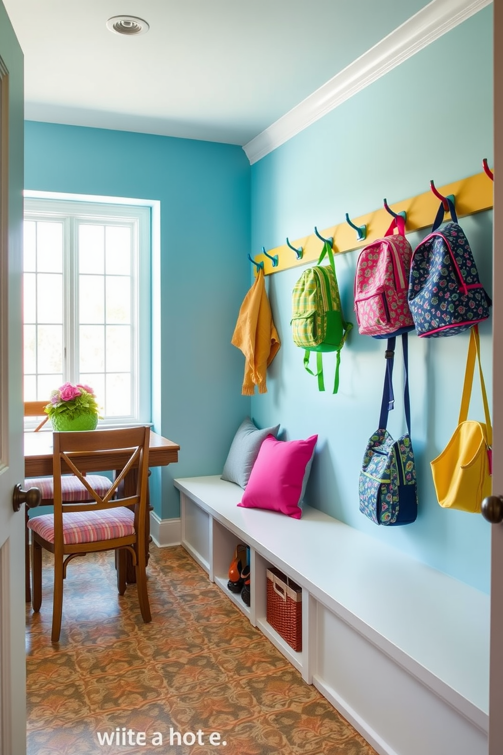 A vibrant mudroom designed for children, featuring colorful hooks specifically for hanging backpacks. The walls are painted in a cheerful light blue, and the floor is covered with durable, patterned tiles that are easy to clean. Adjacent to the dining room, this space includes a built-in bench with plush cushions in playful colors. A large window allows natural light to flood the area, creating a welcoming atmosphere for kids to store their belongings.