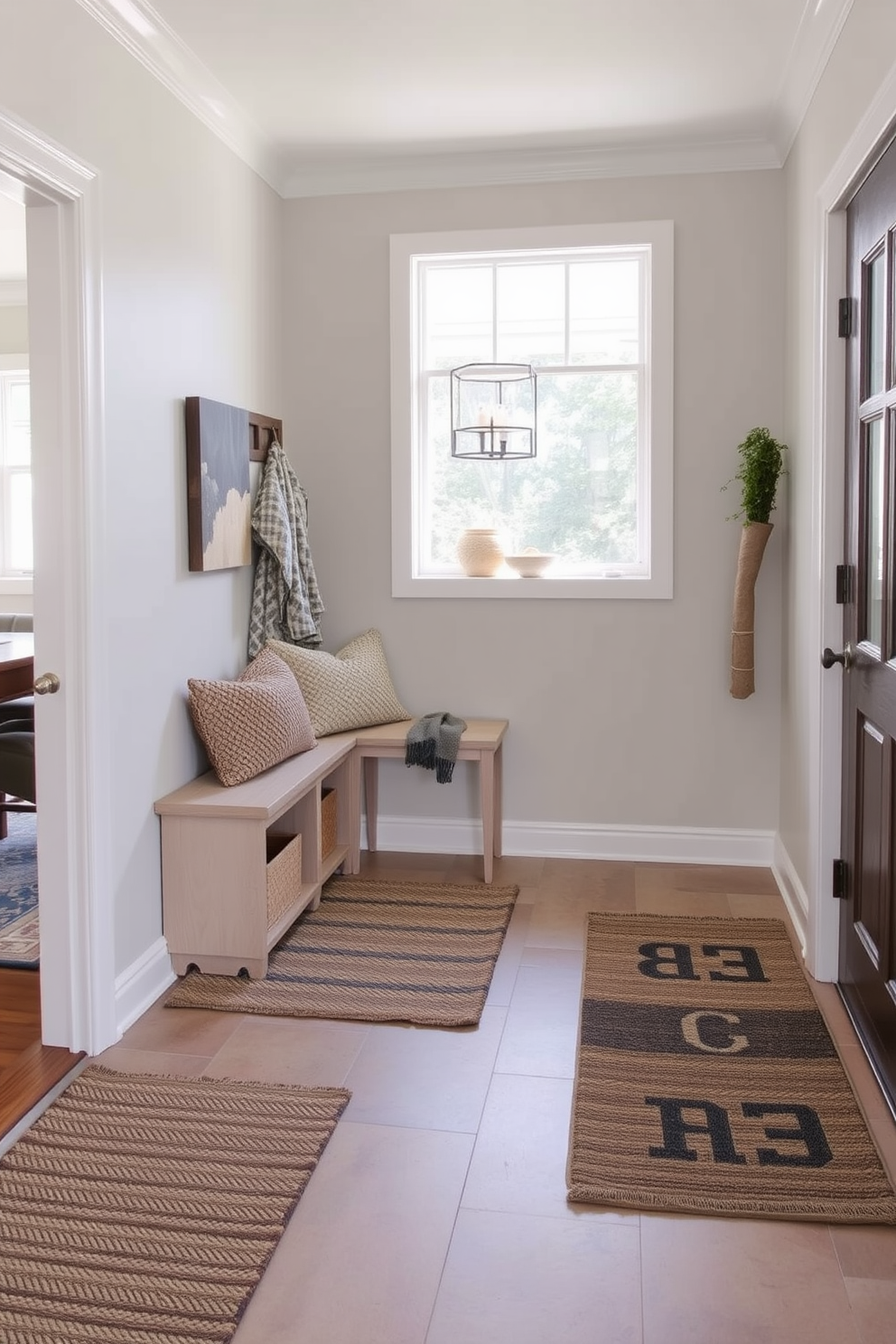 A cozy mudroom near the dining room features textured rugs that add warmth and comfort to the space. The walls are painted in a soft neutral tone, and a built-in bench with storage provides a functional yet stylish element. The floor is adorned with a durable yet chic tile that complements the rugs. Natural light streams in through a nearby window, enhancing the inviting atmosphere of this transitional area.