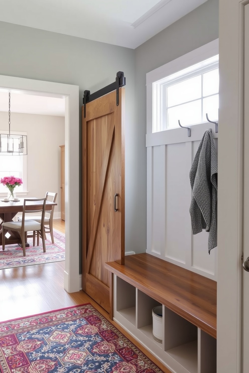 A stylish mudroom features a sliding barn door that adds a rustic charm to the space. The walls are painted in a soft gray hue, and a built-in bench with storage cubbies provides functionality and organization. Adjacent to the dining room, the mudroom incorporates a sleek coat rack and a vibrant area rug that ties the two spaces together. Natural light floods the room through a nearby window, highlighting the warm wood tones of the bench and the welcoming atmosphere.