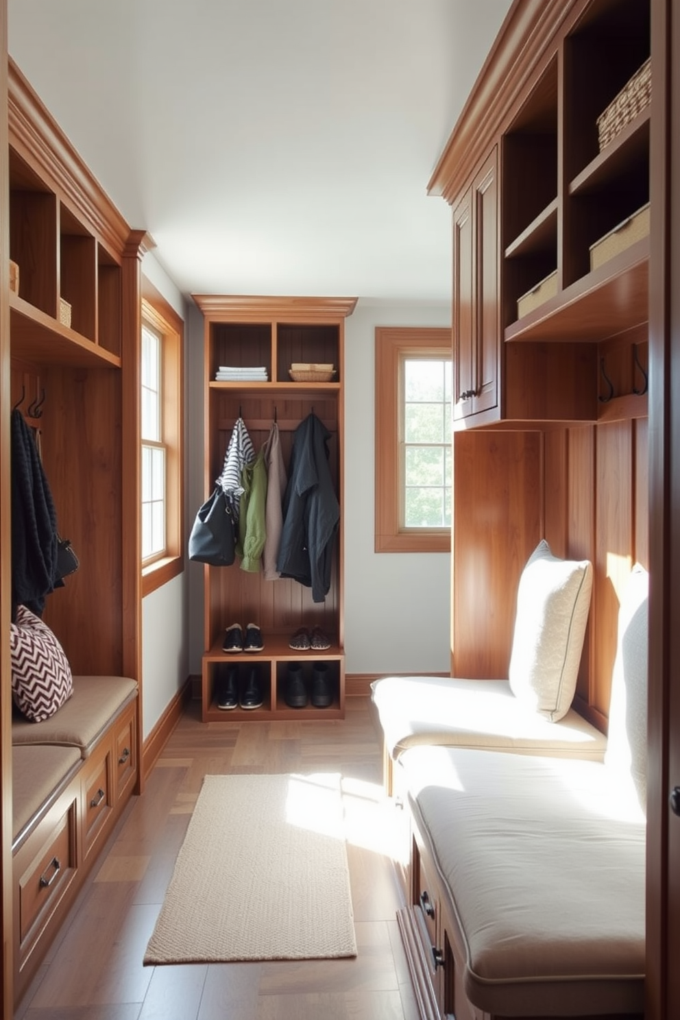 A stylish mudroom design seamlessly integrates seating with cushion pads. The space features built-in benches adorned with soft cushions, providing comfort and functionality. Natural light floods the area through a nearby window, highlighting the warm wood tones of the cabinetry. A combination of hooks and shelves offers organized storage for shoes and outerwear, enhancing the room's practicality.