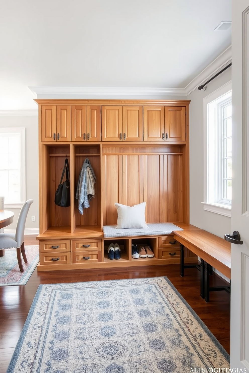 A functional mudroom design featuring built-in lockers for family storage. The lockers are crafted from natural wood with a warm finish, providing ample space for shoes and bags, while a bench with soft cushions is positioned in front for easy seating. Adjacent to the dining room, the mudroom has a seamless transition with a stylish area rug that complements the dining decor. Natural light floods the space through a nearby window, enhancing the inviting atmosphere.