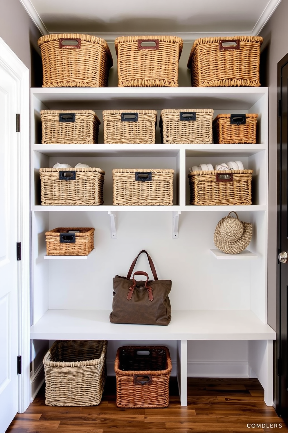 A functional mudroom near the family room features woven baskets for stylish organization. The baskets are neatly arranged on open shelving, adding texture and warmth to the space while providing easy access for everyday items.