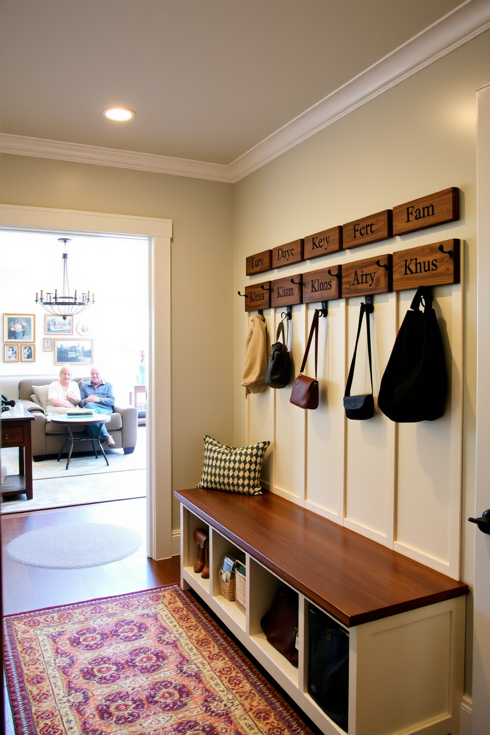 Personalized name tags for family members. The mudroom features a stylish bench with built-in storage, and above it, a row of hooks holds the name tags for each family member, crafted from reclaimed wood. Near the family room, the design includes a functional layout with a small console table for keys and bags. The walls are adorned with family photos, and a cozy rug defines the space, creating a welcoming atmosphere.