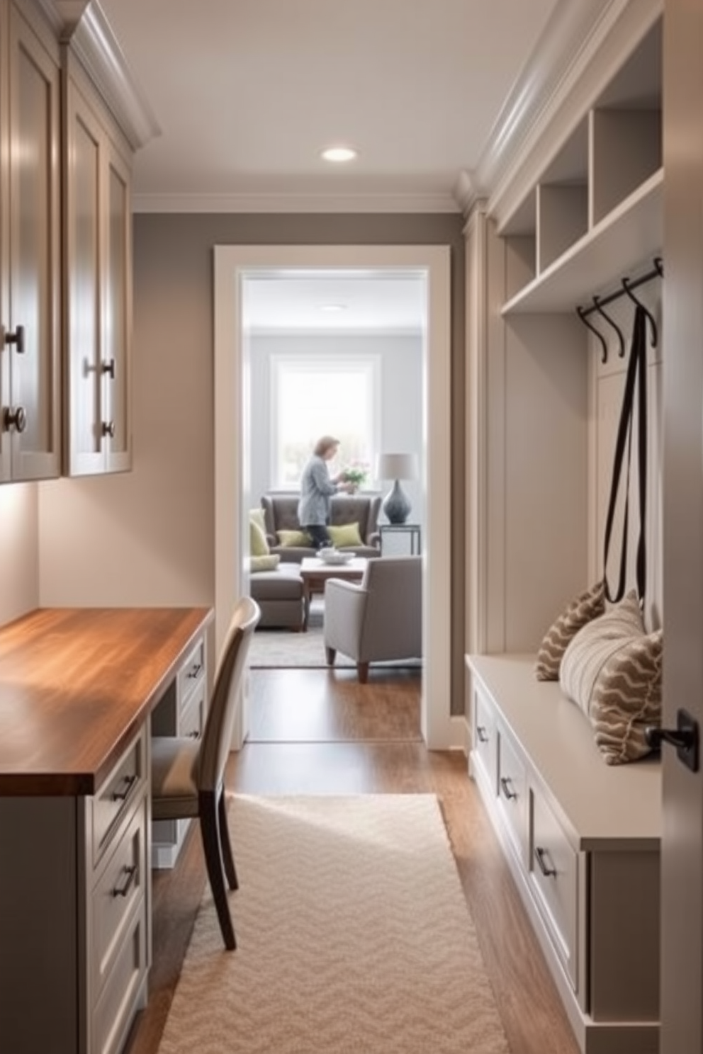 A welcoming mudroom features a small desk area with a sleek wooden surface and a comfortable chair. The walls are painted in a soft gray, and built-in storage cabinets provide ample space for shoes and coats. Adjacent to the family room, the mudroom showcases a stylish bench with plush cushions and hooks for hanging bags. Natural light floods the space through a nearby window, creating an inviting atmosphere.