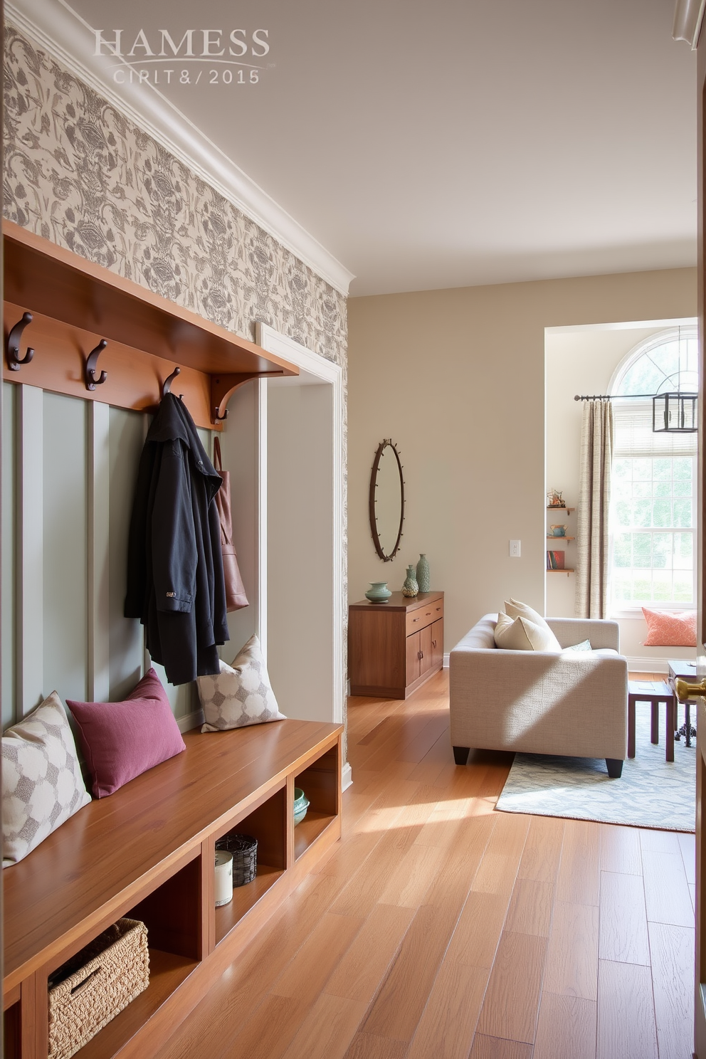 A stylish mudroom featuring an accent wall adorned with intricate wallpaper. The space includes built-in storage benches and hooks for coats, creating a functional yet inviting atmosphere. Adjacent to the family room, the mudroom flows seamlessly with a cohesive color palette. Natural light floods the area through a large window, enhancing the warmth of the wooden accents and flooring.