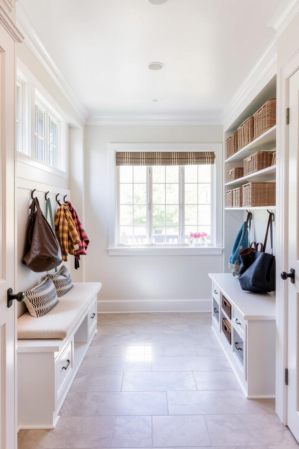 A bright and airy mudroom adjacent to the family room features large windows that invite natural light to flood the space. The walls are painted in a soft white hue, and the floor is covered with durable, stylish tiles that can withstand daily wear. A built-in bench with plush cushions provides a comfortable seating area, while hooks above offer ample storage for coats and bags. Decorative baskets are neatly arranged on shelves, adding both functionality and charm to the design.