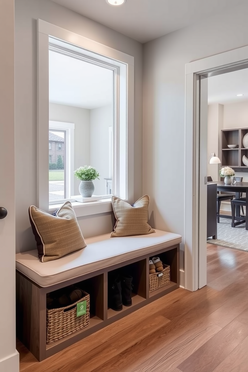 A sleek mudroom design features a stylish bench with comfortable cushion seating. The bench is positioned near the family room, providing a welcoming space for relaxation and organization.