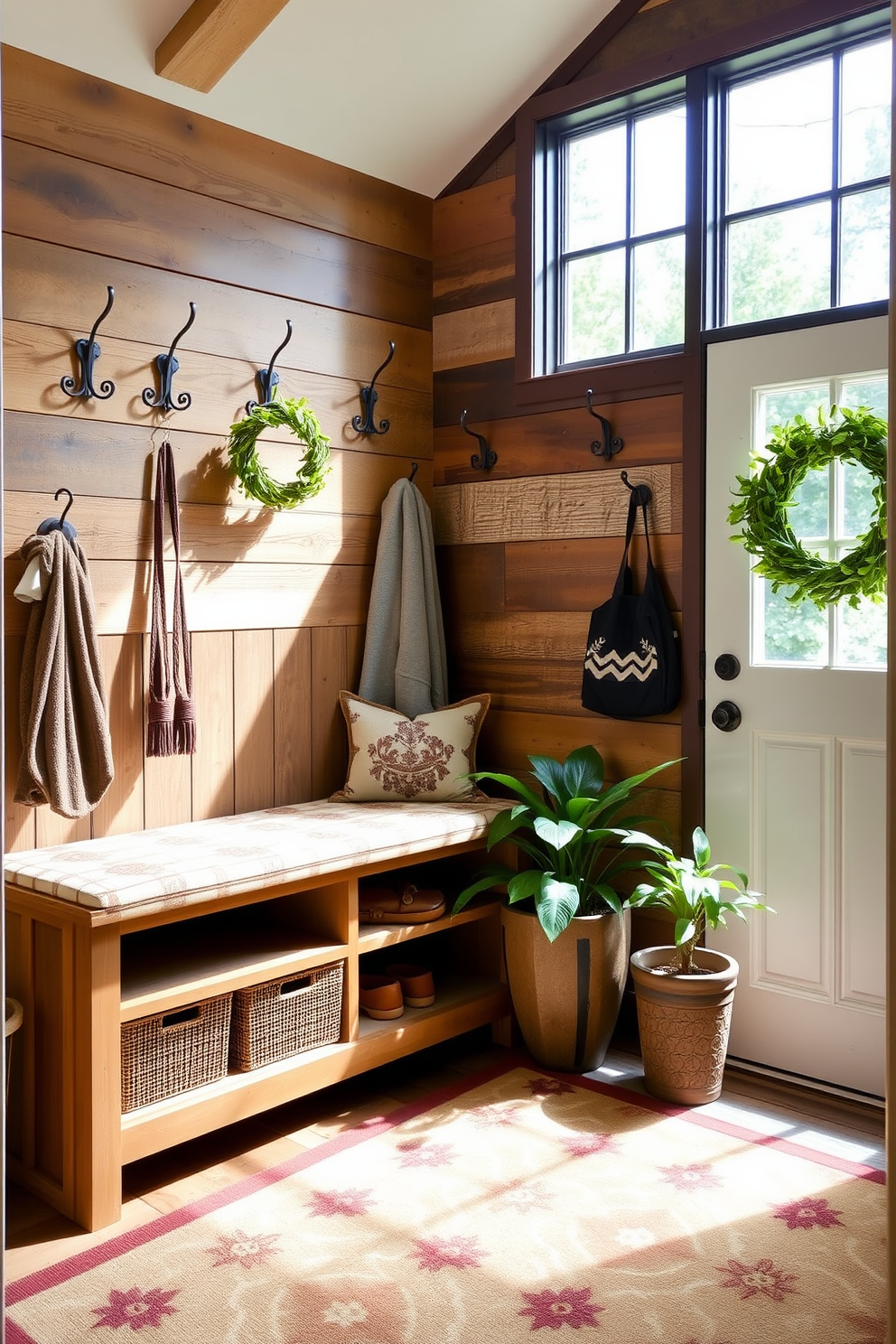 A cozy mudroom features vintage style hooks made of wrought iron, providing a rustic touch to the space. The walls are adorned with reclaimed wood paneling, and a bench with storage underneath offers a practical yet stylish seating area. Natural light floods the room through a large window, enhancing the warm tones of the decor. A patterned area rug adds comfort underfoot, while potted plants bring a touch of greenery to the inviting atmosphere.