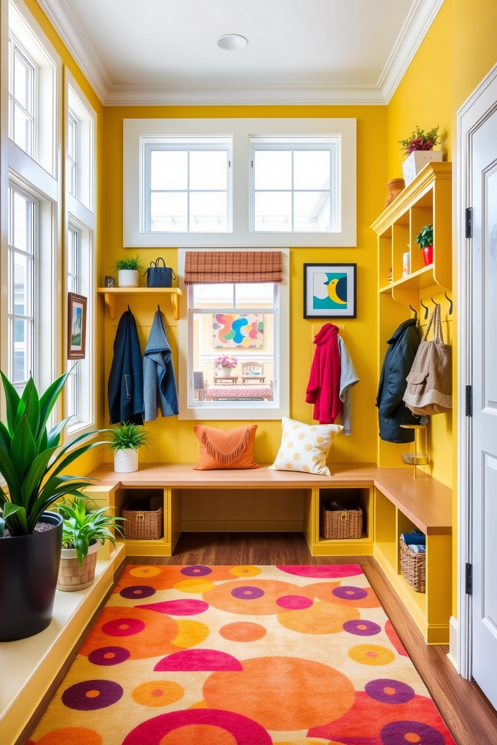 A bright and cheerful mudroom design featuring vibrant yellow walls and a colorful area rug. The space includes built-in cubbies for storage, with hooks for coats and a bench for seating, creating a welcoming transition to the family room. Large windows allow natural light to flood the room, enhancing the lively color scheme. Potted plants and cheerful artwork add personality and warmth, making it a joyful space for family and guests.