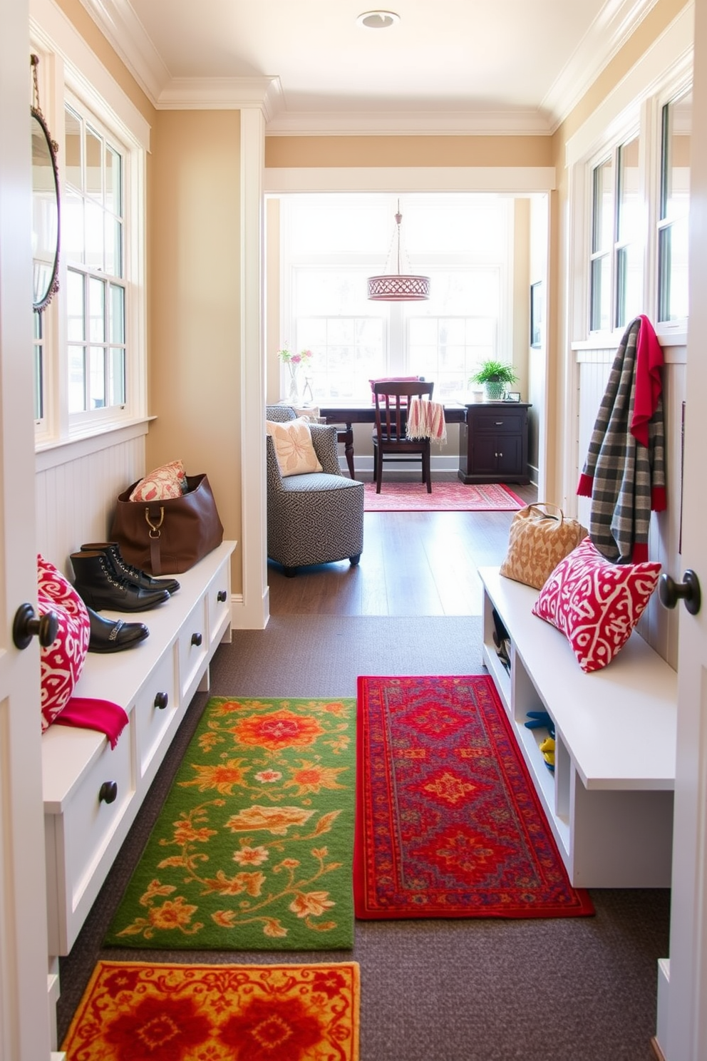 A cozy mudroom near the family room features colorful rugs that add warmth and personality to the space. The walls are painted in a soft beige, and built-in storage benches provide a practical yet stylish solution for organizing shoes and outdoor gear. The vibrant rugs are layered over a durable, textured flooring that complements the overall design. Natural light floods in through large windows, creating an inviting atmosphere perfect for welcoming family and friends.