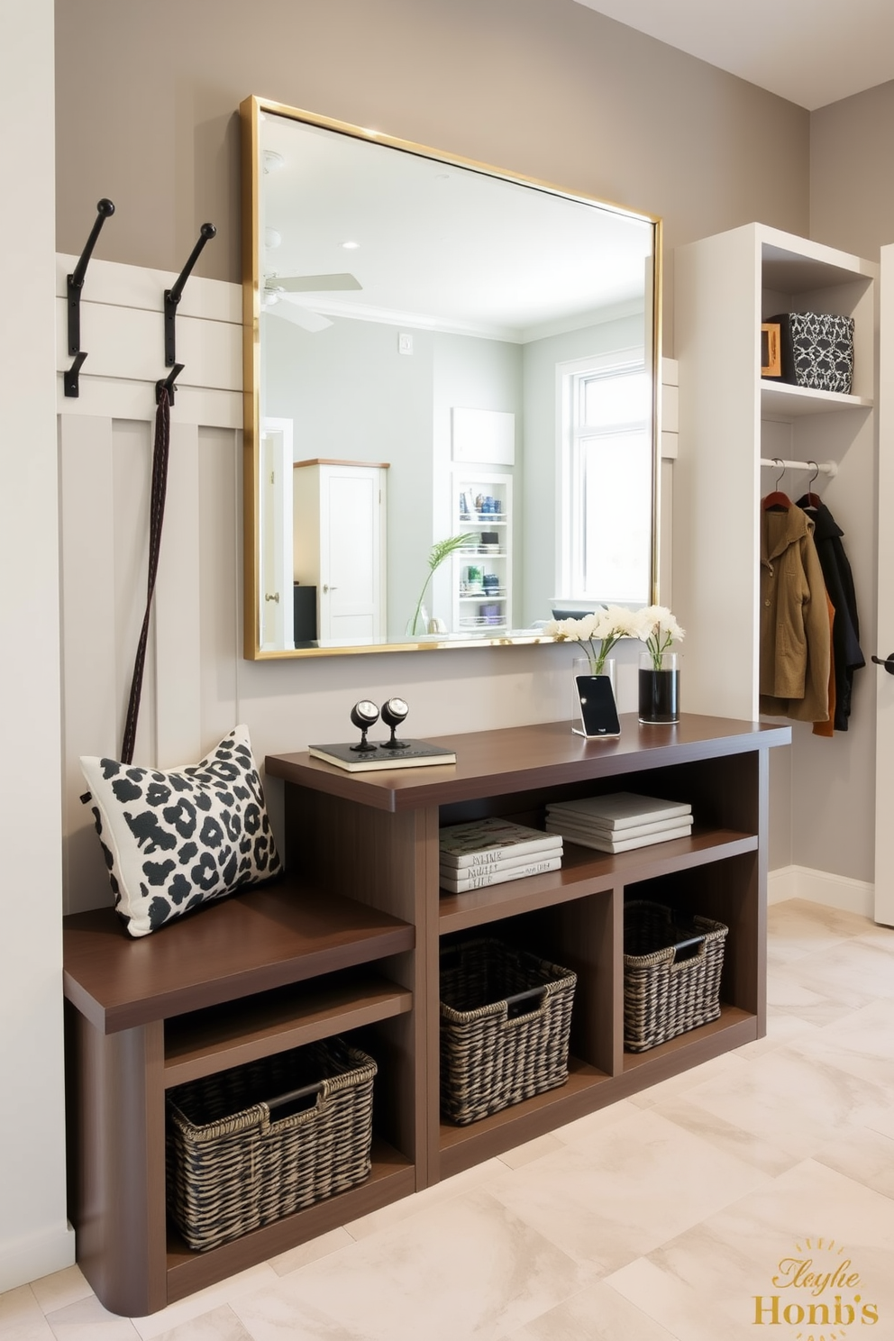 A stylish mudroom adjacent to the family room features multi-functional furniture that enhances versatility. A built-in bench with storage underneath provides a perfect spot for sitting while putting on shoes, and hooks above hold coats and bags neatly. The design incorporates a sleek console table that doubles as a charging station for devices. A large mirror above the console reflects light and creates an illusion of space, while baskets below keep items organized and out of sight.