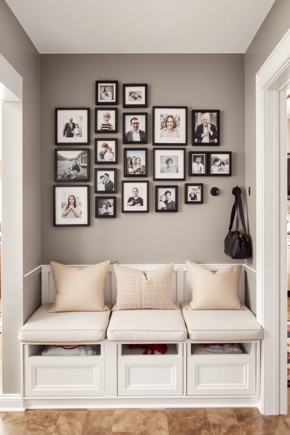 A warm and inviting family photo gallery adorns the wall of the mudroom, showcasing cherished memories in a mix of black and white frames. The gallery is complemented by a cozy bench beneath, with soft cushions that invite family members to sit and reminisce. Adjacent to the family room, the mudroom features built-in storage benches and hooks for coats and bags, creating an organized yet stylish entryway. The walls are painted in a soft gray, while the floor is covered with durable tiles that withstand everyday wear and tear.