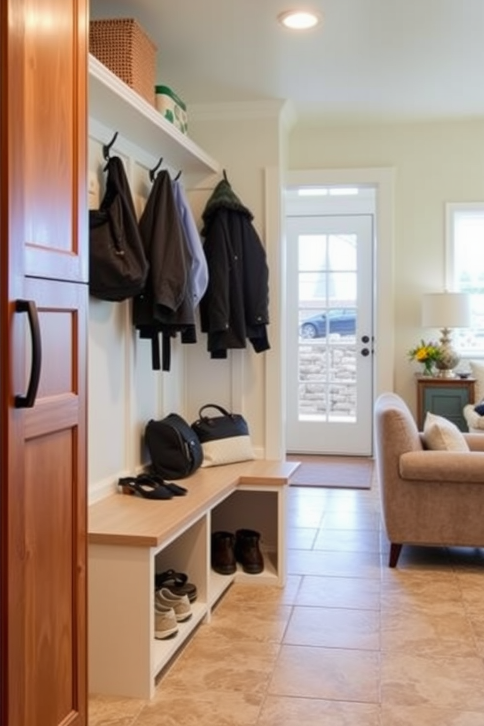 A functional mudroom design that seamlessly connects to the family room. The space features easy-to-clean materials like tile flooring and durable cabinetry for practicality. Incorporate a built-in bench with storage underneath for shoes and bags. The walls are painted in a light, welcoming color, and hooks are installed for coats and accessories.